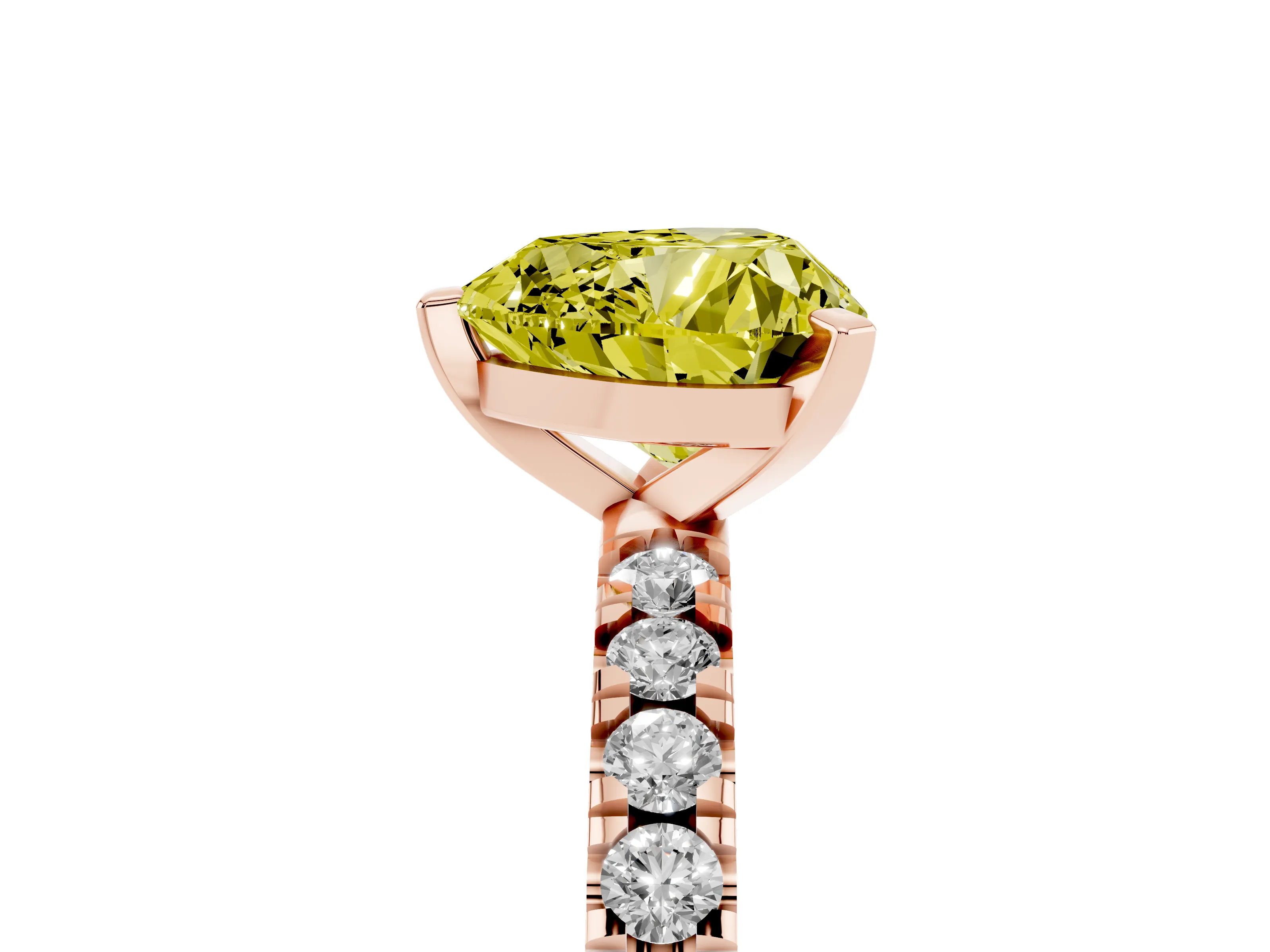 Fancy Yellow Heart Cut Diamond Pavé Band Solitaire Set in Rose gold with Prong Setting