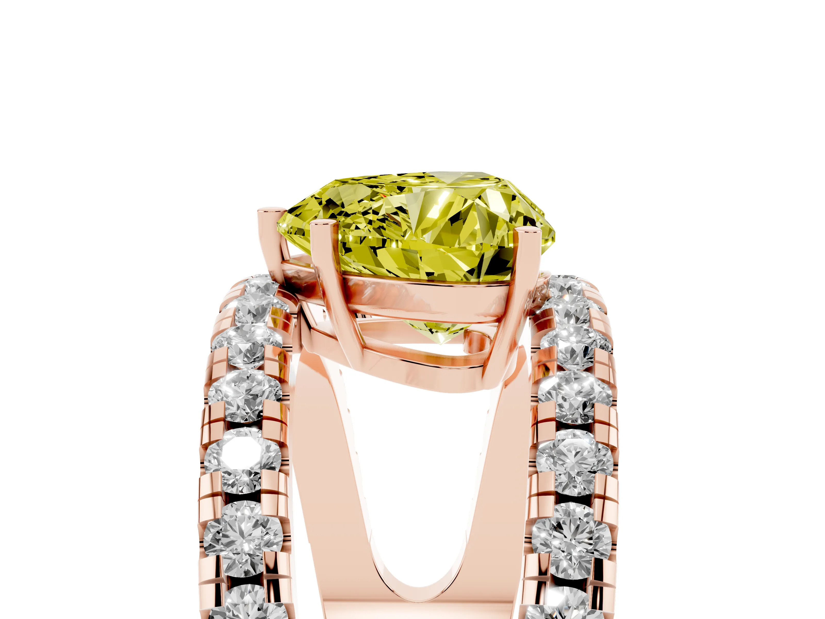 Fancy Yellow Heart Cut Diamond Split Shank Pavé Solitaire Ring Set in Rose gold with Open Shank Design