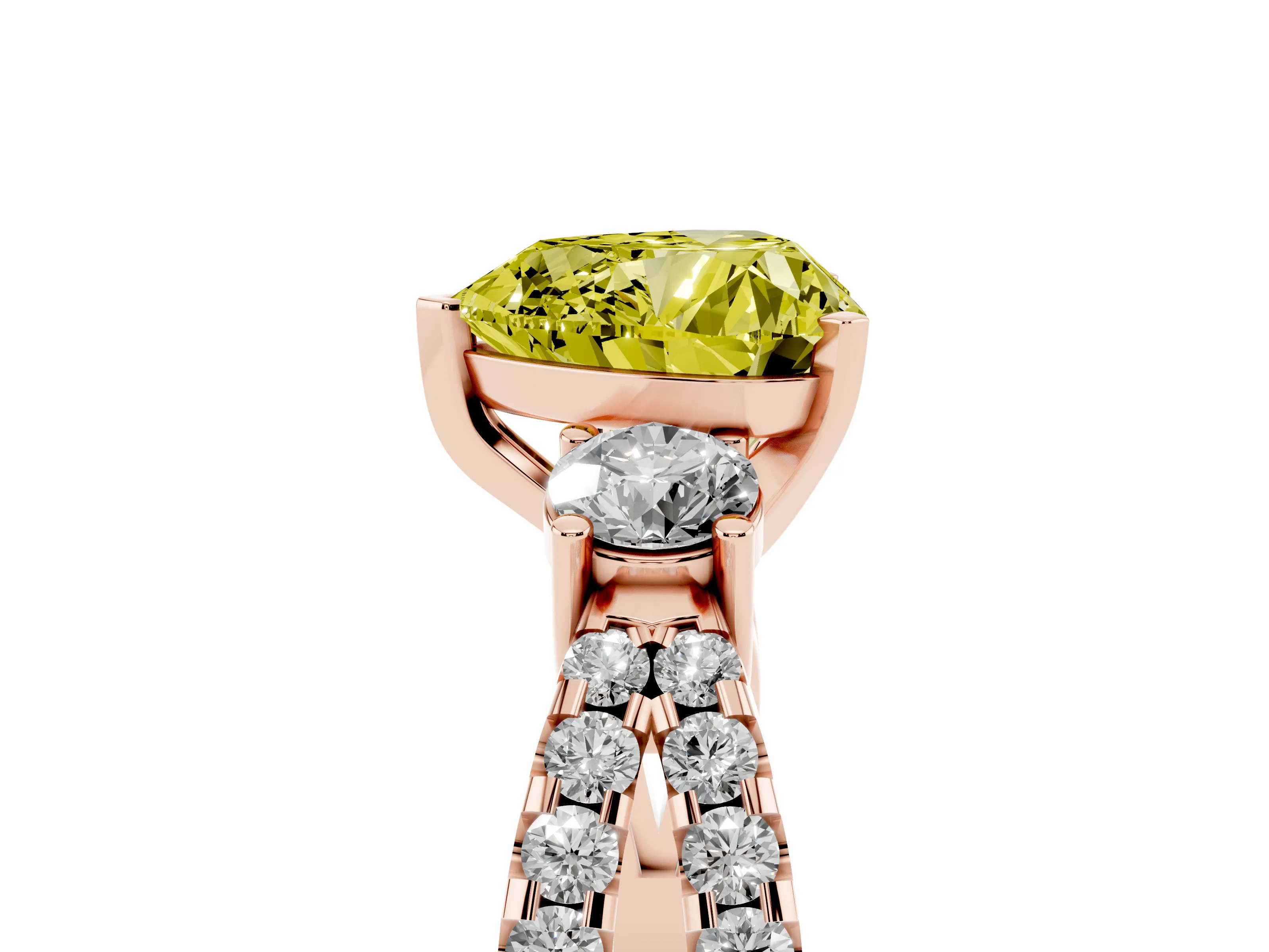 Fancy Yellow Heart Cut Diamond Three-Stone Ring Set in Rose gold with Pavé Split Shank and Prong Setting