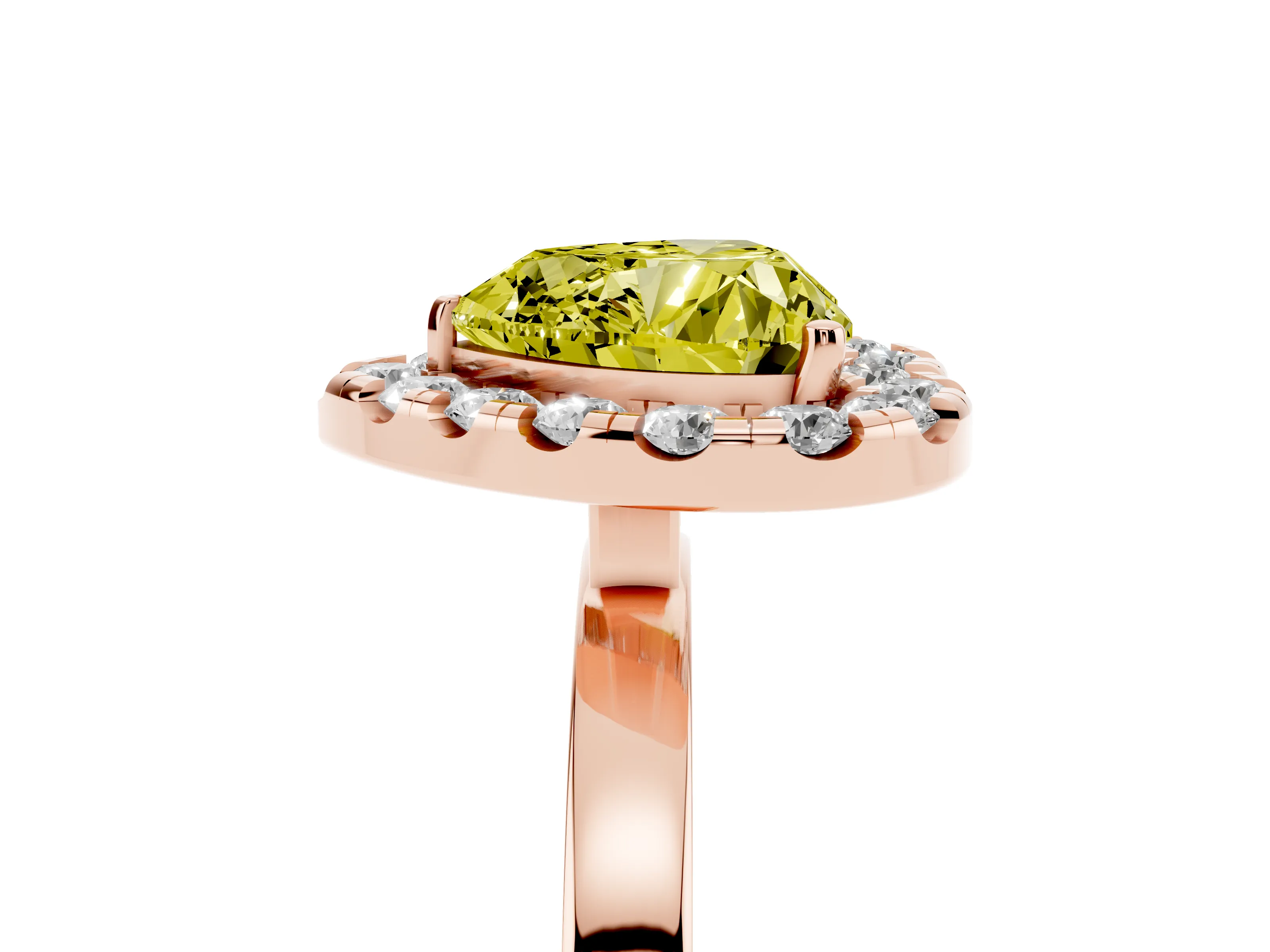 Fancy Yellow Heart Cut Diamond Halo Solitaire Ring Set in Rose gold with Pavé Band and Prong Setting