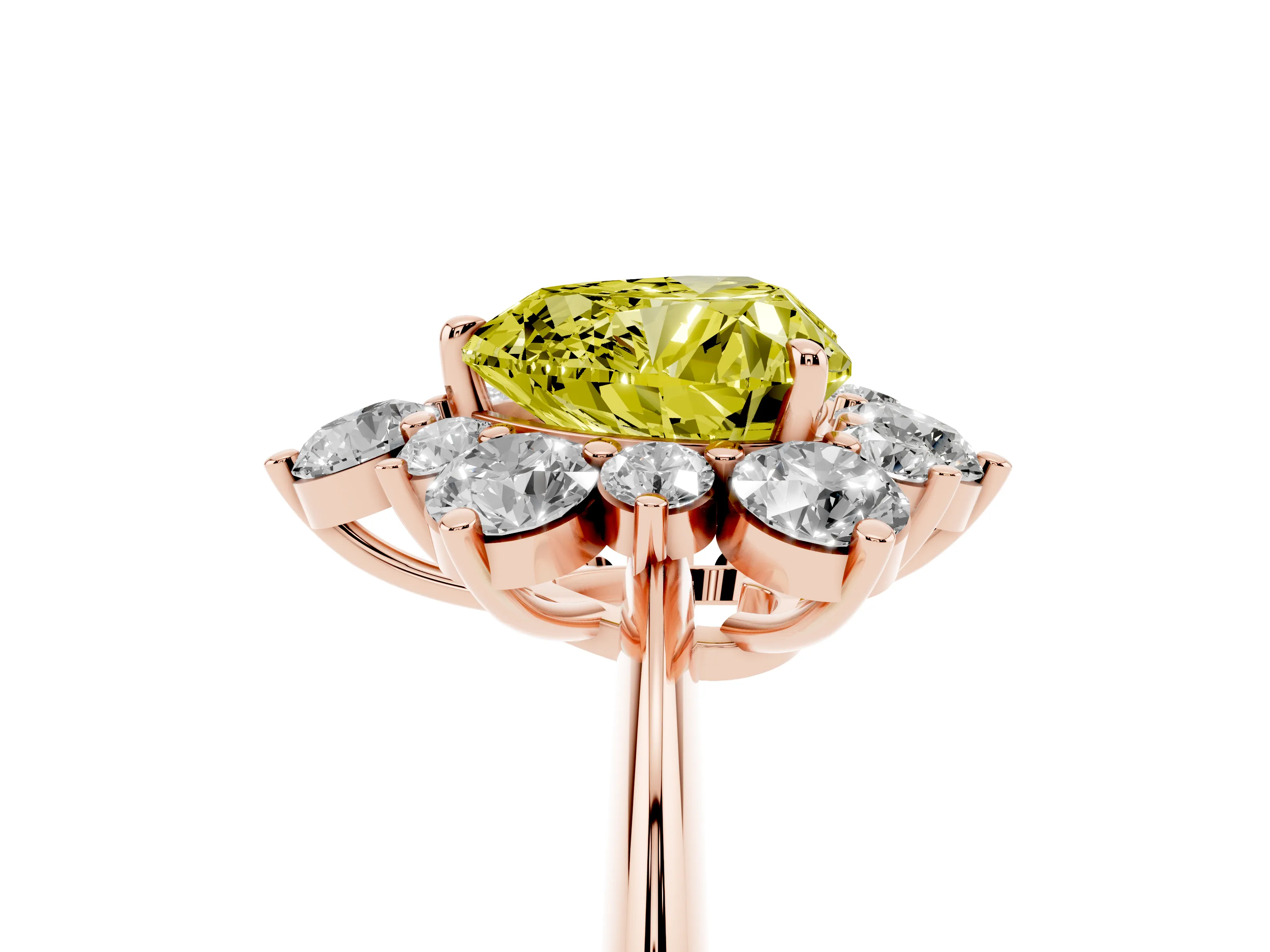 Fancy Yellow Heart Cut Diamond Cluster Halo Ring Set in Rose gold with Solitaire Band and Prong Setting