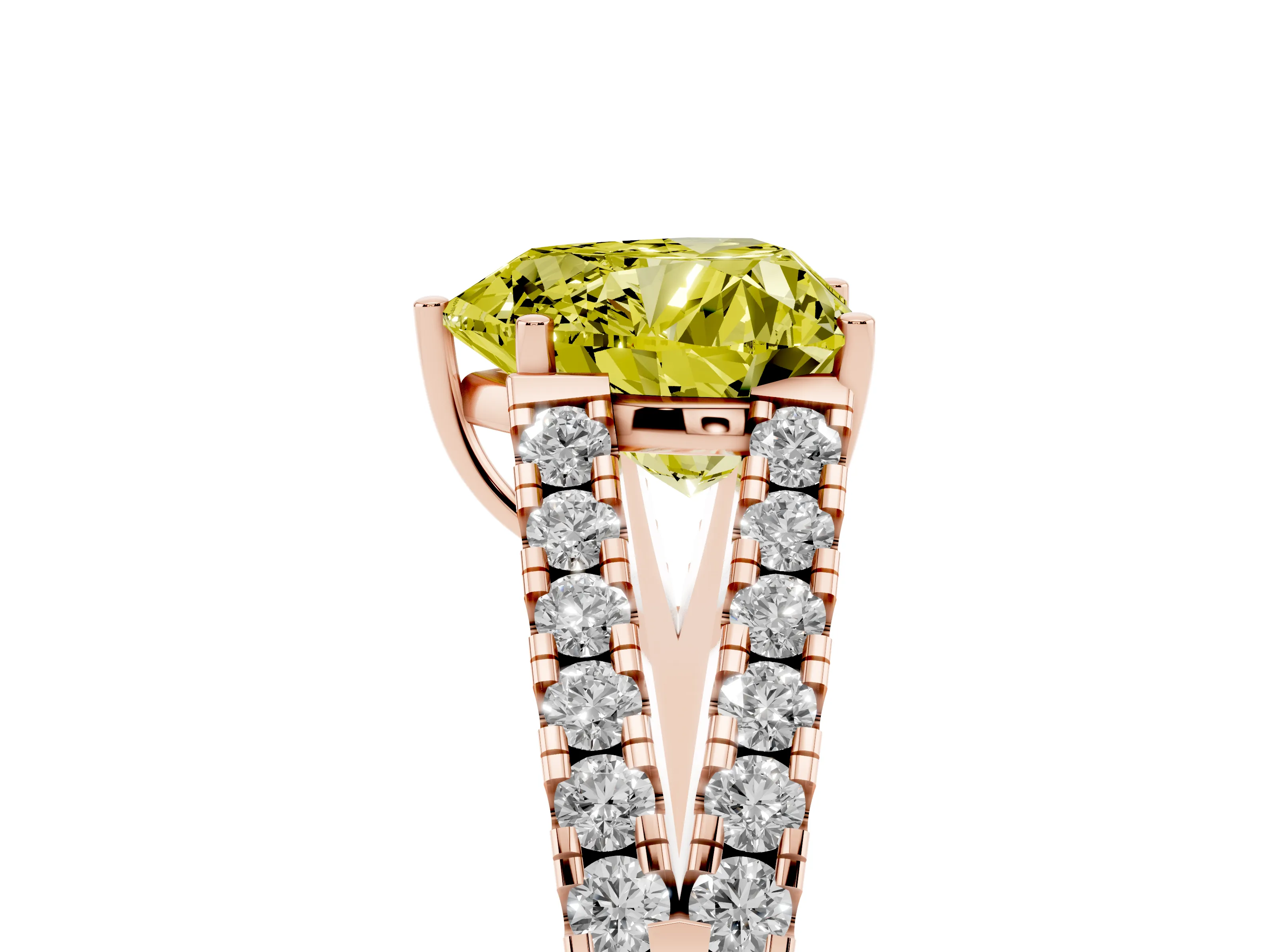 Fancy Yellow Heart Cut Diamond Split Shank Pavé Engagement Ring Set in Rose gold with Prong-Held Center Stone