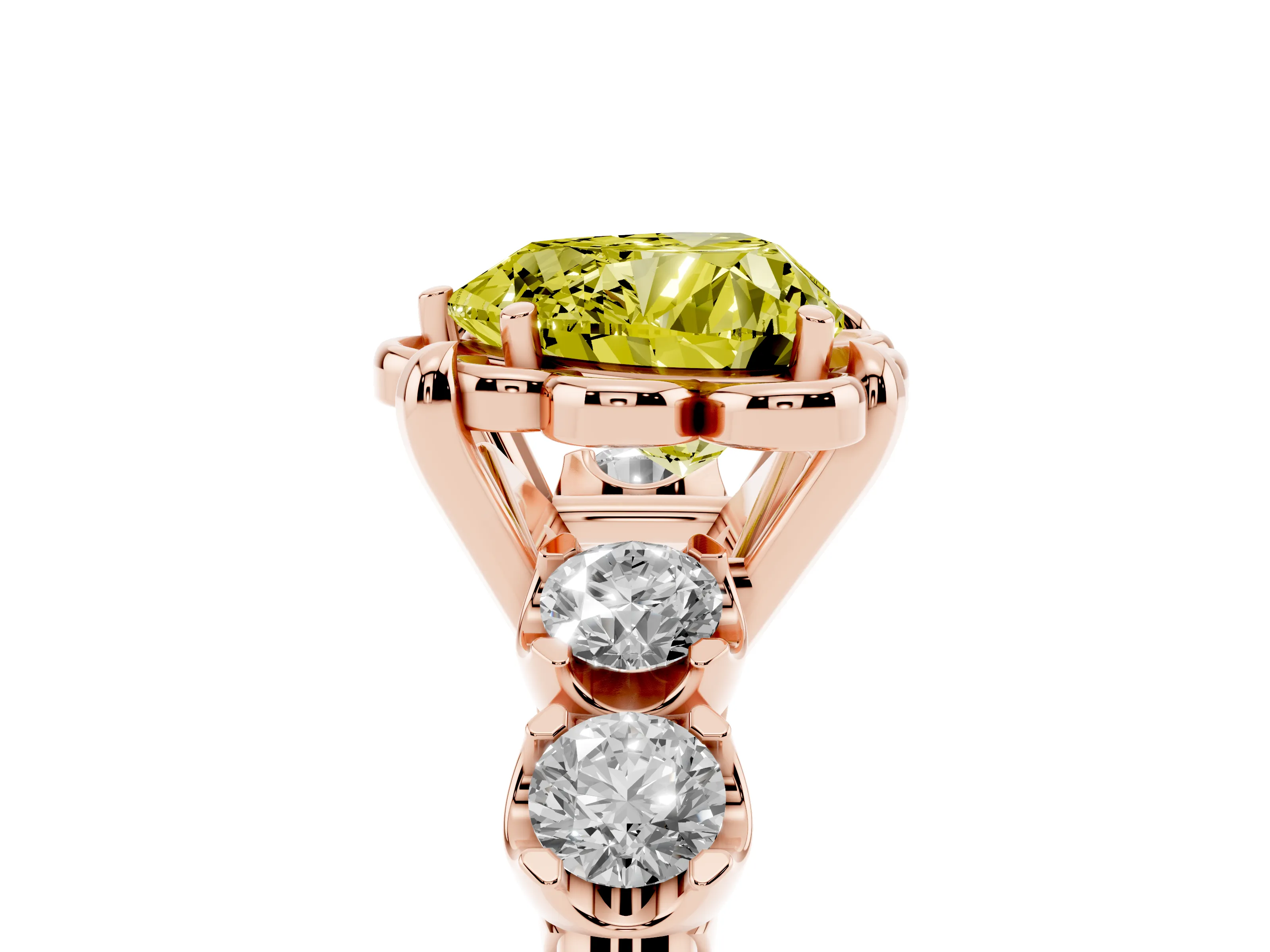 Fancy Yellow Heart Cut Diamond Floral Halo Ring Set in Rose gold with Shared Prong Band