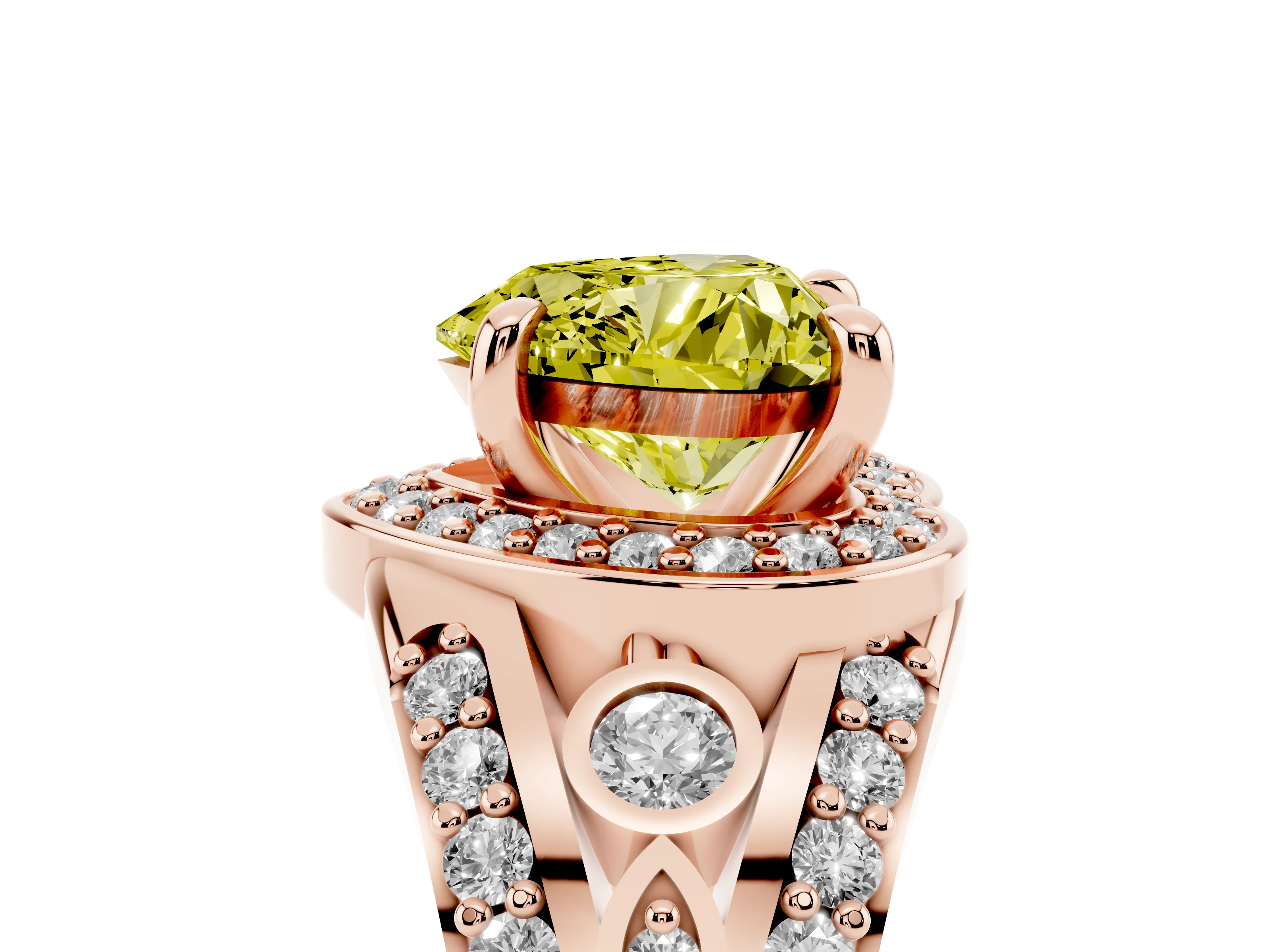 Fancy Yellow Heart Cut Diamond Halo Ring Set in Rose gold with Pavé Split Shank and Bezel Accents