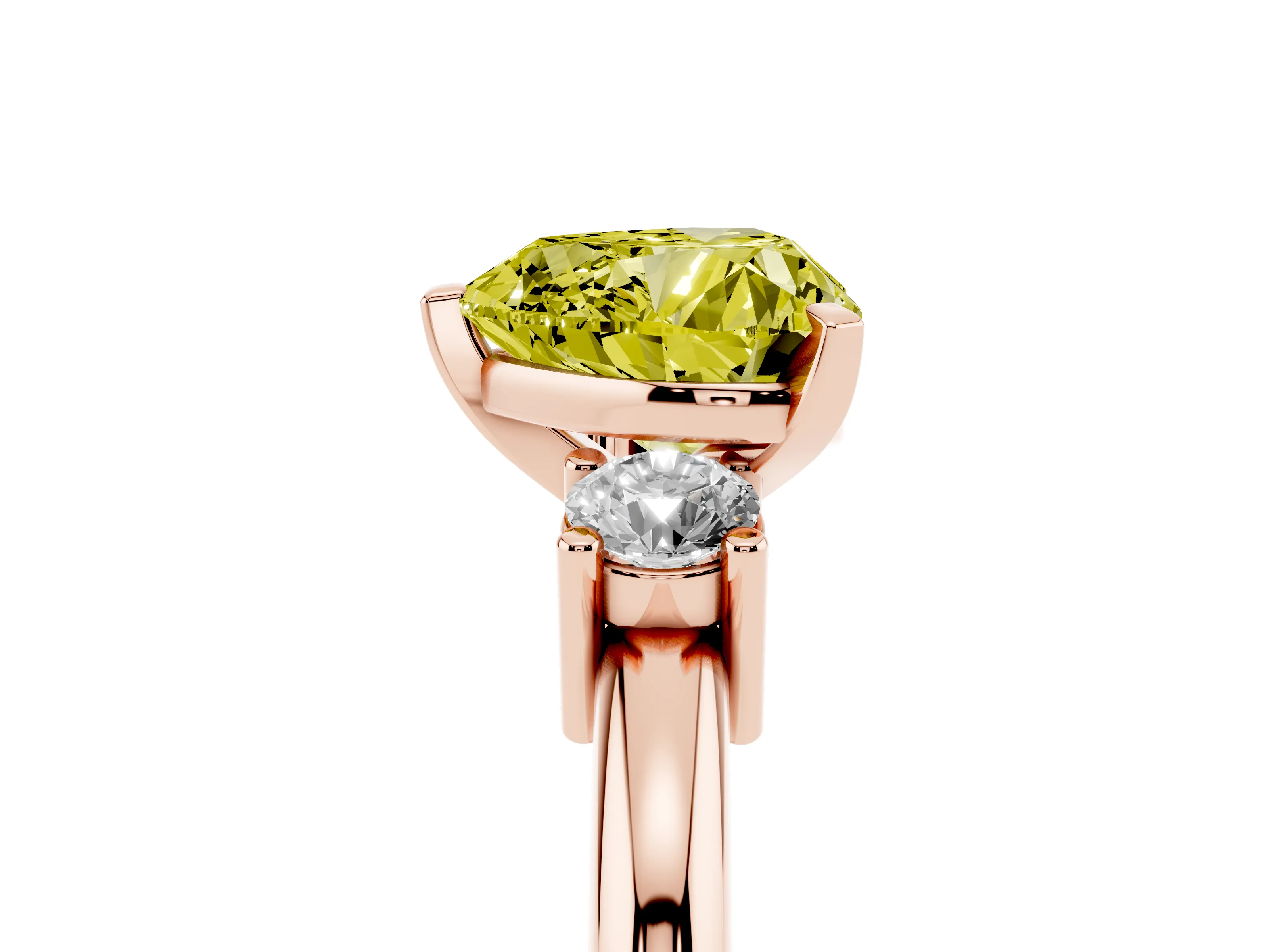 Fancy Yellow Three-Stone Heart Cut Diamond Ring Set in Rose gold with Prong Setting and Plain Band