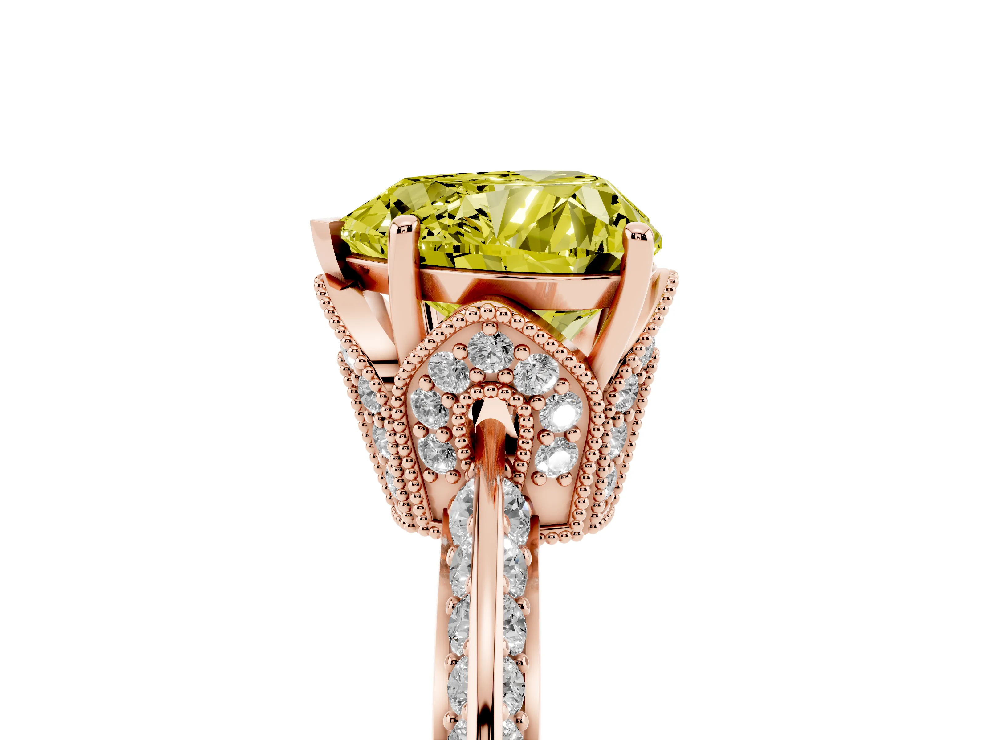 Fancy Yellow Heart Cut Diamond Solitaire Engagement Ring Set in Rose gold with Pavé Split Shank and Prong Setting