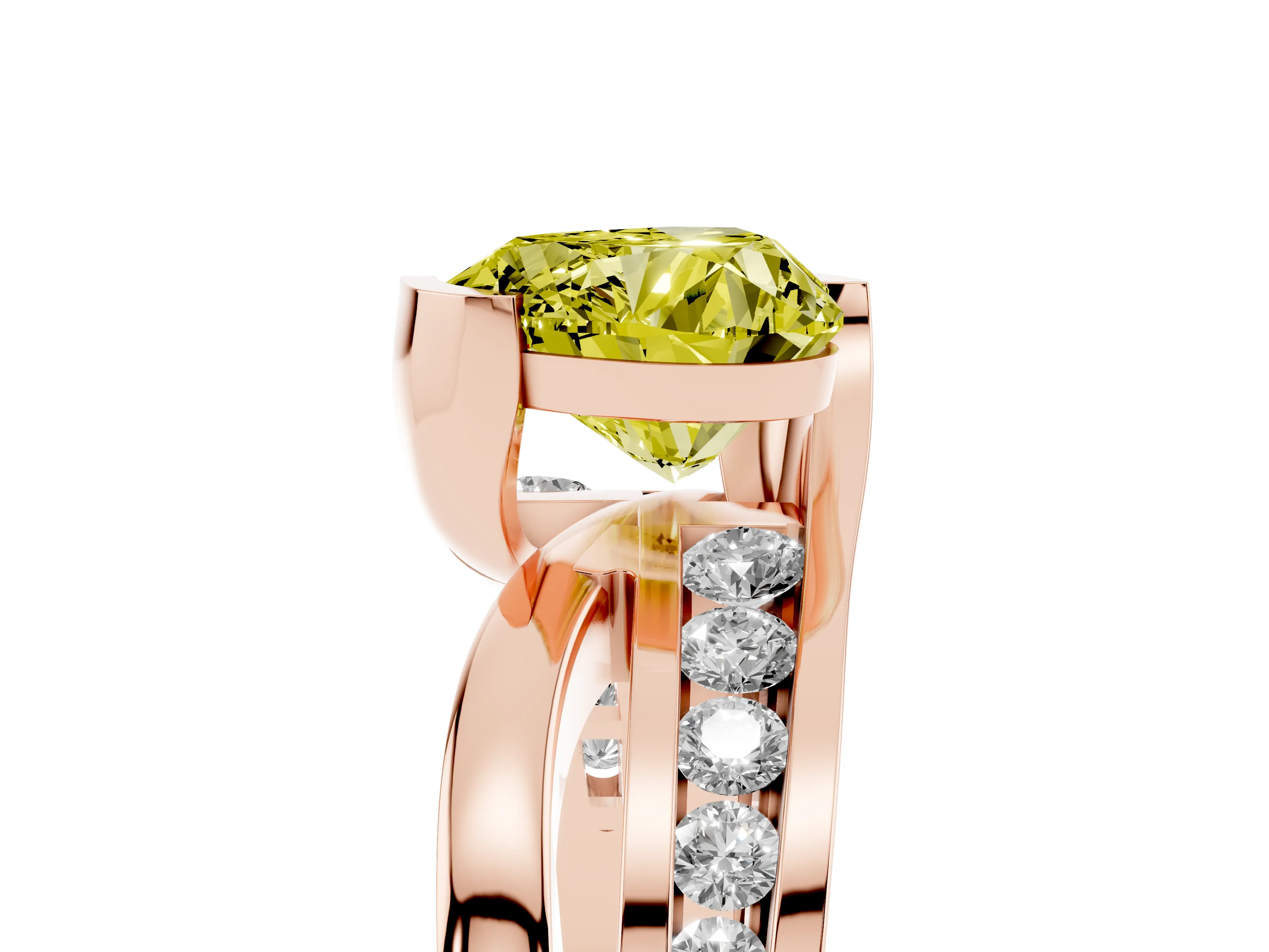Fancy Yellow Heart Cut Diamond Solitaire Ring Set in Rose gold with Channel Set Split Shank and Tension Prongs