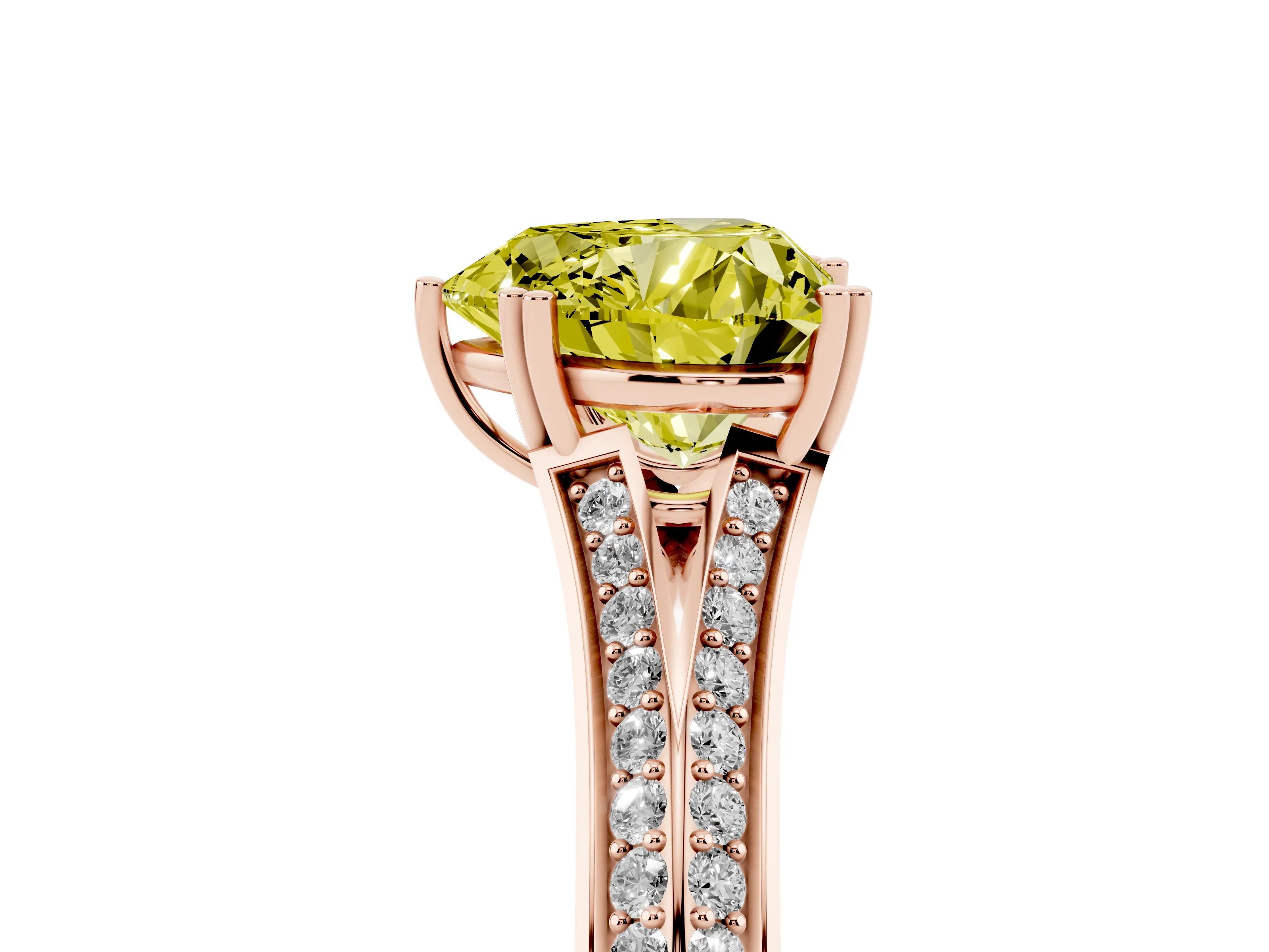 Fancy Yellow Heart Cut Diamond Split Shank Pavé Engagement Ring Set in Rose gold with Prong-Set Center Stone