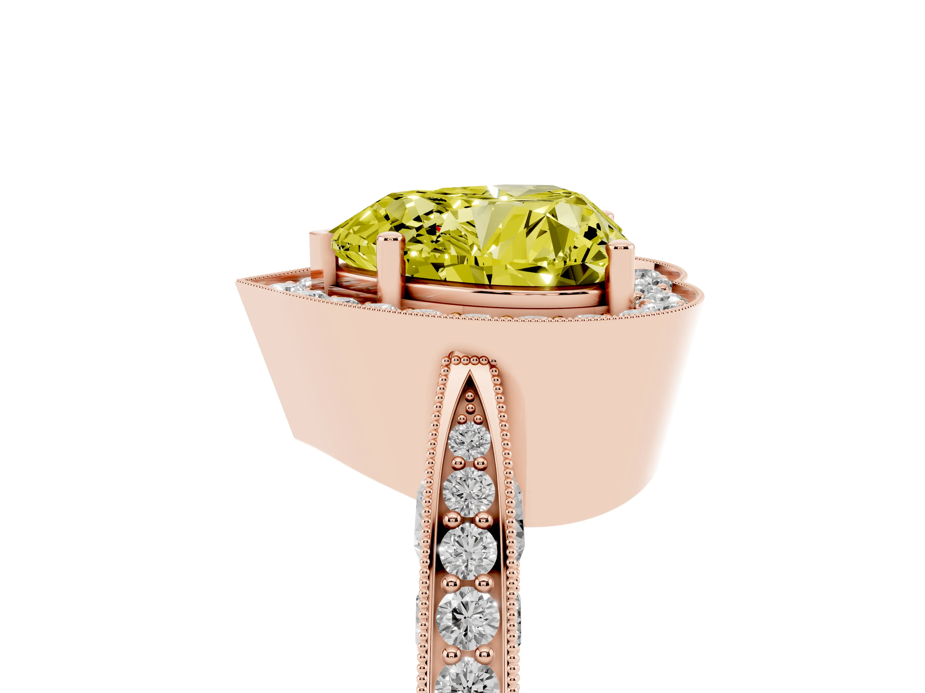 Fancy Yellow Heart Cut Diamond Halo Engagement Ring Set in Rose gold with Accent Split Shank Band