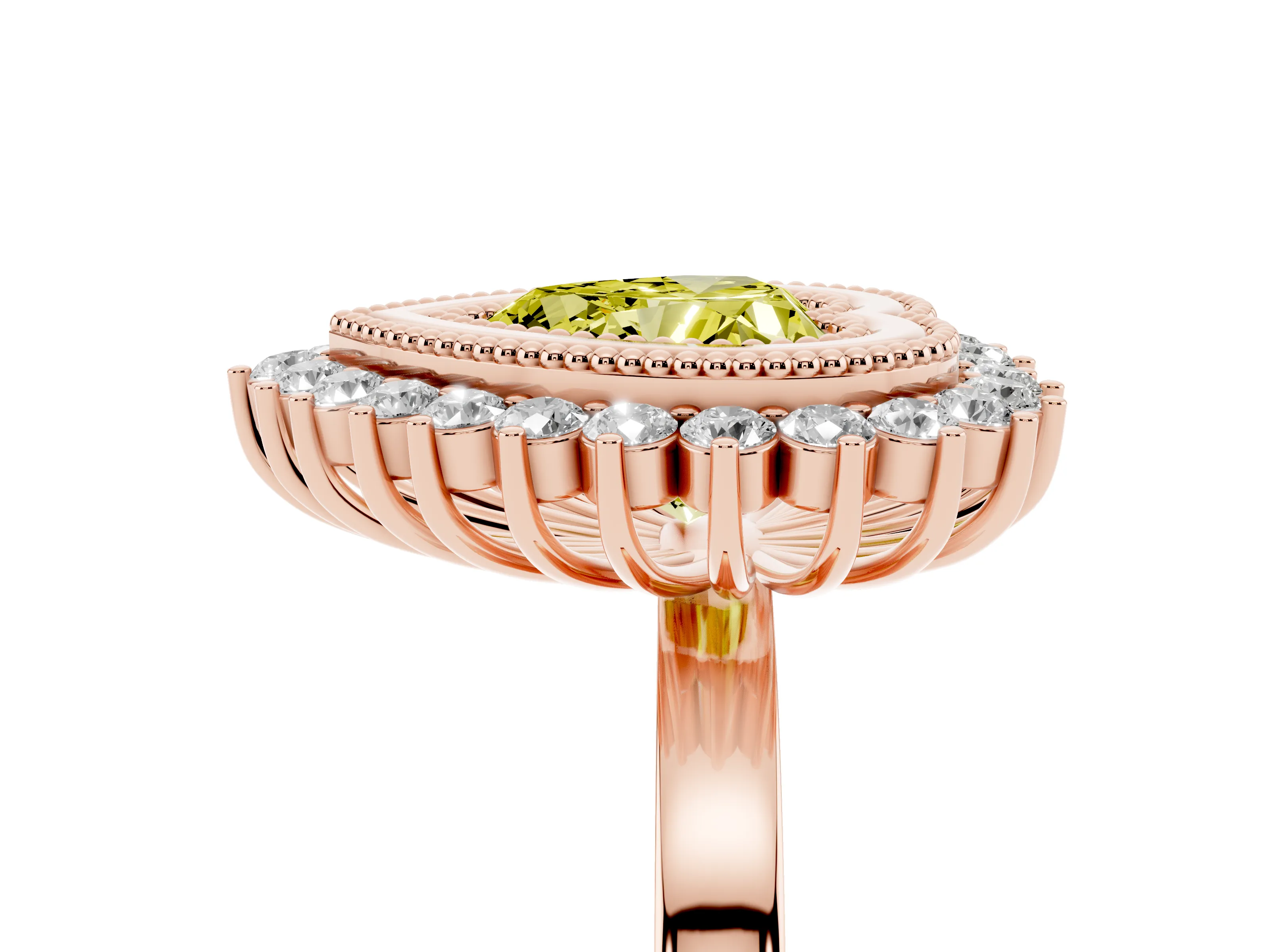 Fancy Yellow Heart Cut Diamond Halo Ring Set in Rose gold with Milgrain Edge and Round Prong Setting