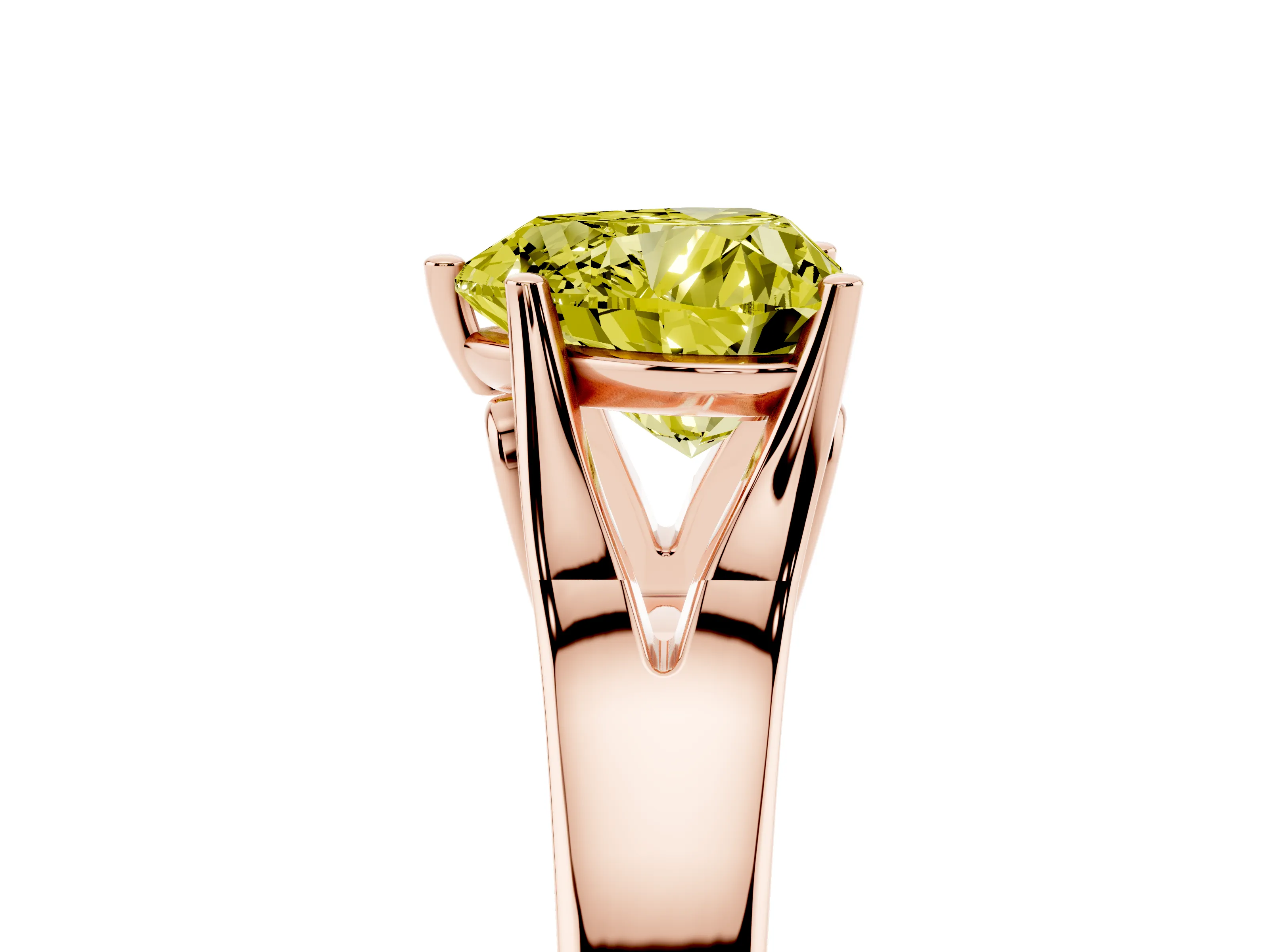 Fancy Yellow Heart Cut Diamond Solitaire Ring Set in Rose gold with Arched Cathedral Band and Prong Setting
