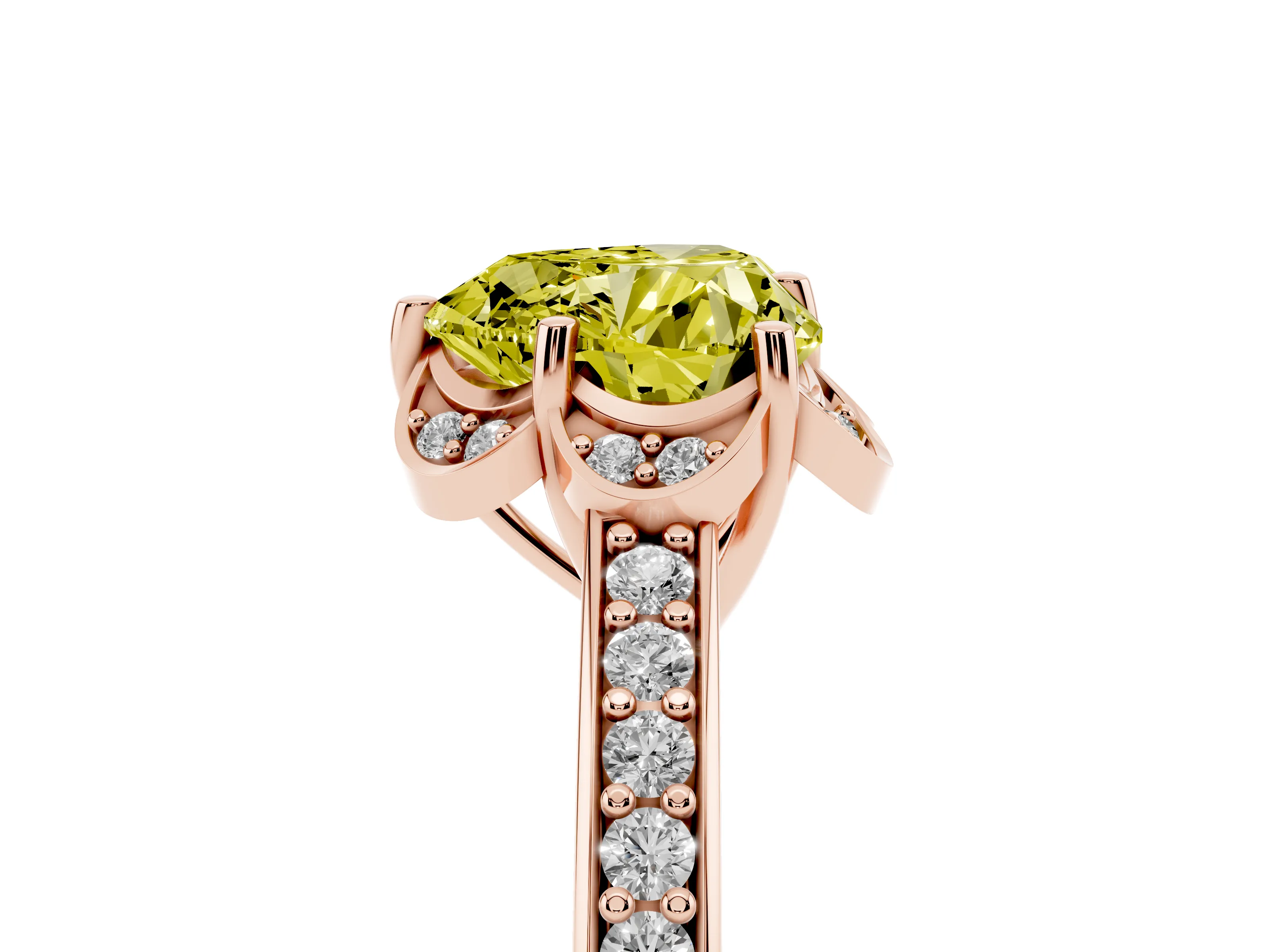 Fancy Yellow Heart Cut Diamond Halo Ring Set in Rose gold with Channel Set Band and Prong Setting