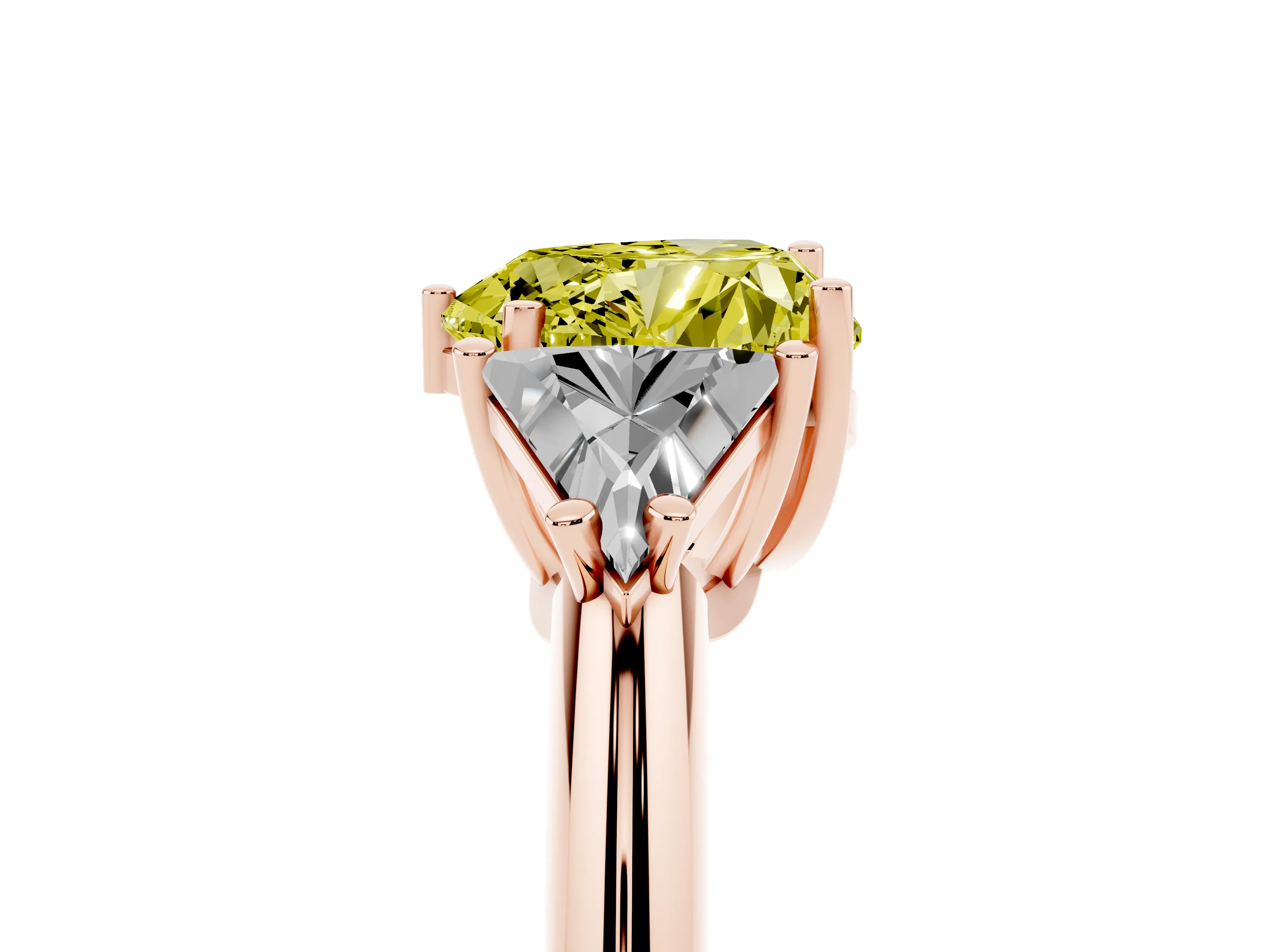 Fancy Yellow Heart Cut Diamond Three-Stone Engagement Ring Set in Rose gold with Trillion Side Stones