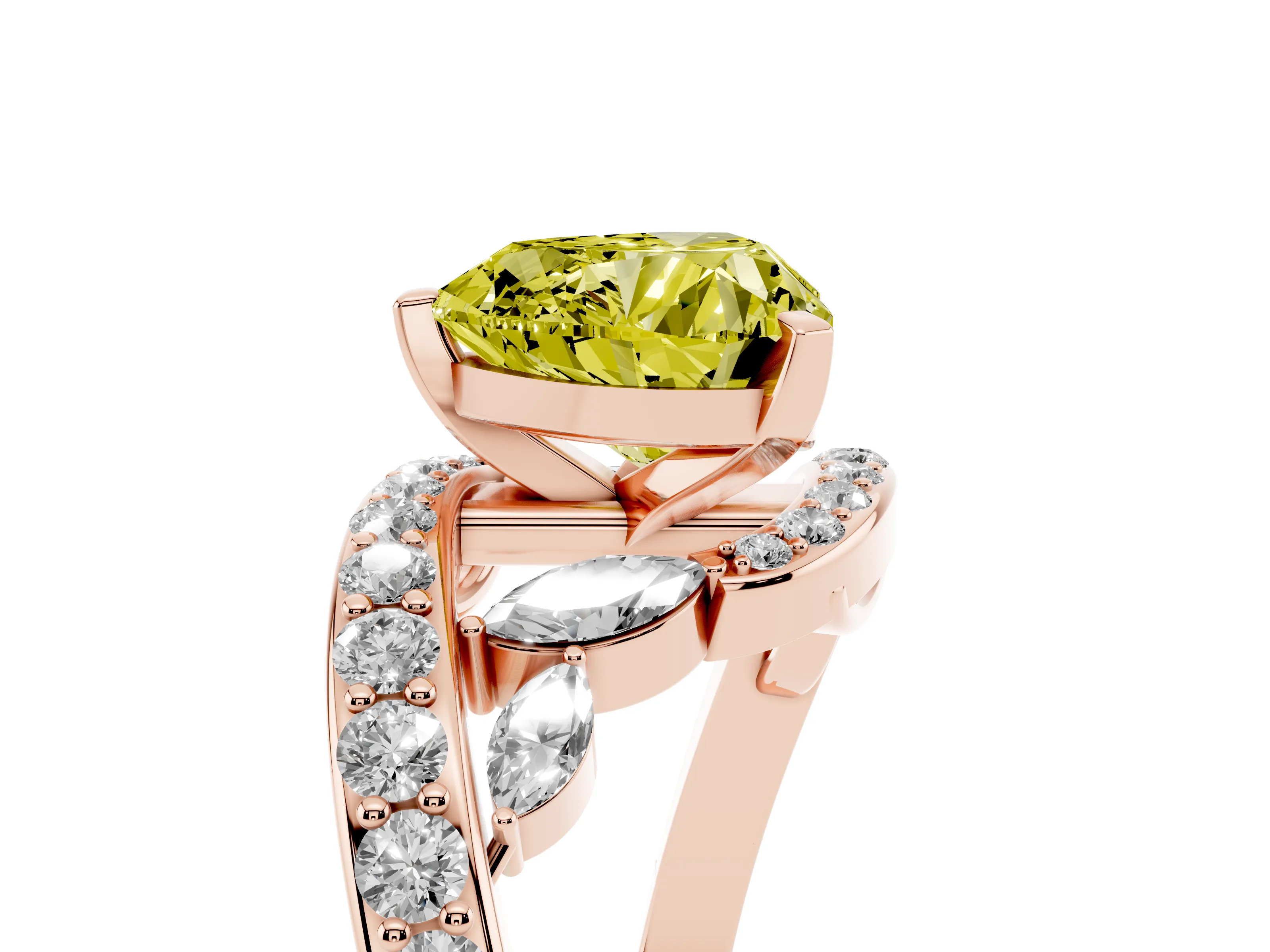 Fancy Yellow Heart Cut Diamond Solitaire Ring Set in Rose gold with Pavé Twist Band and Secure Prong Setting