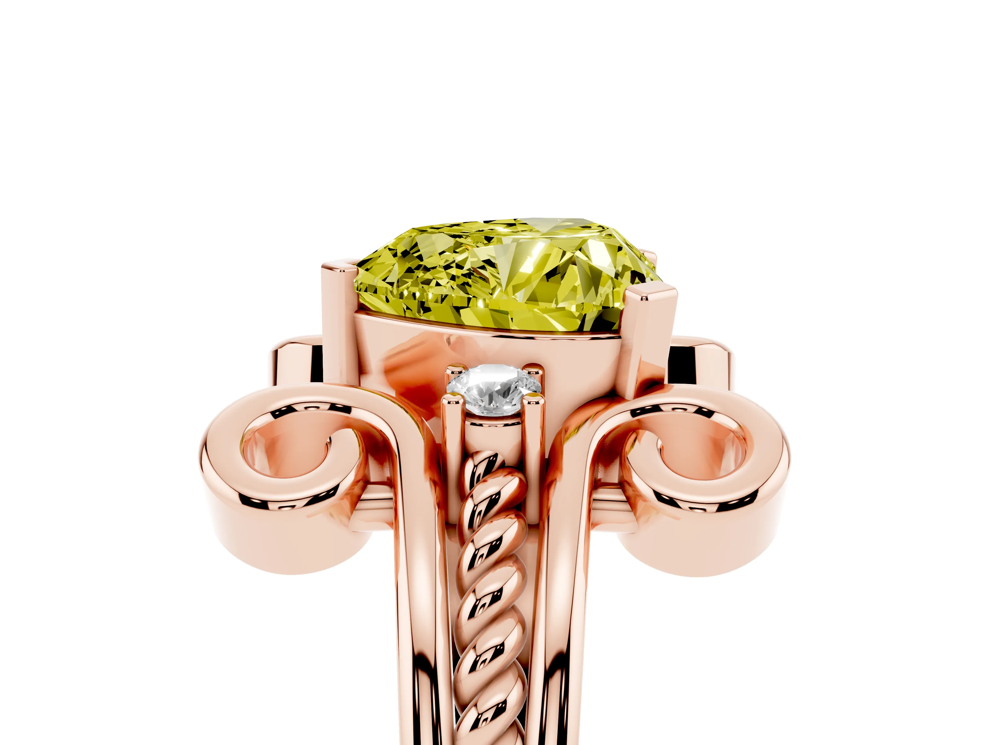 Fancy Yellow Heart Cut Diamond Twisted Band Solitaire Ring Set in Rose gold with Scroll Prongs