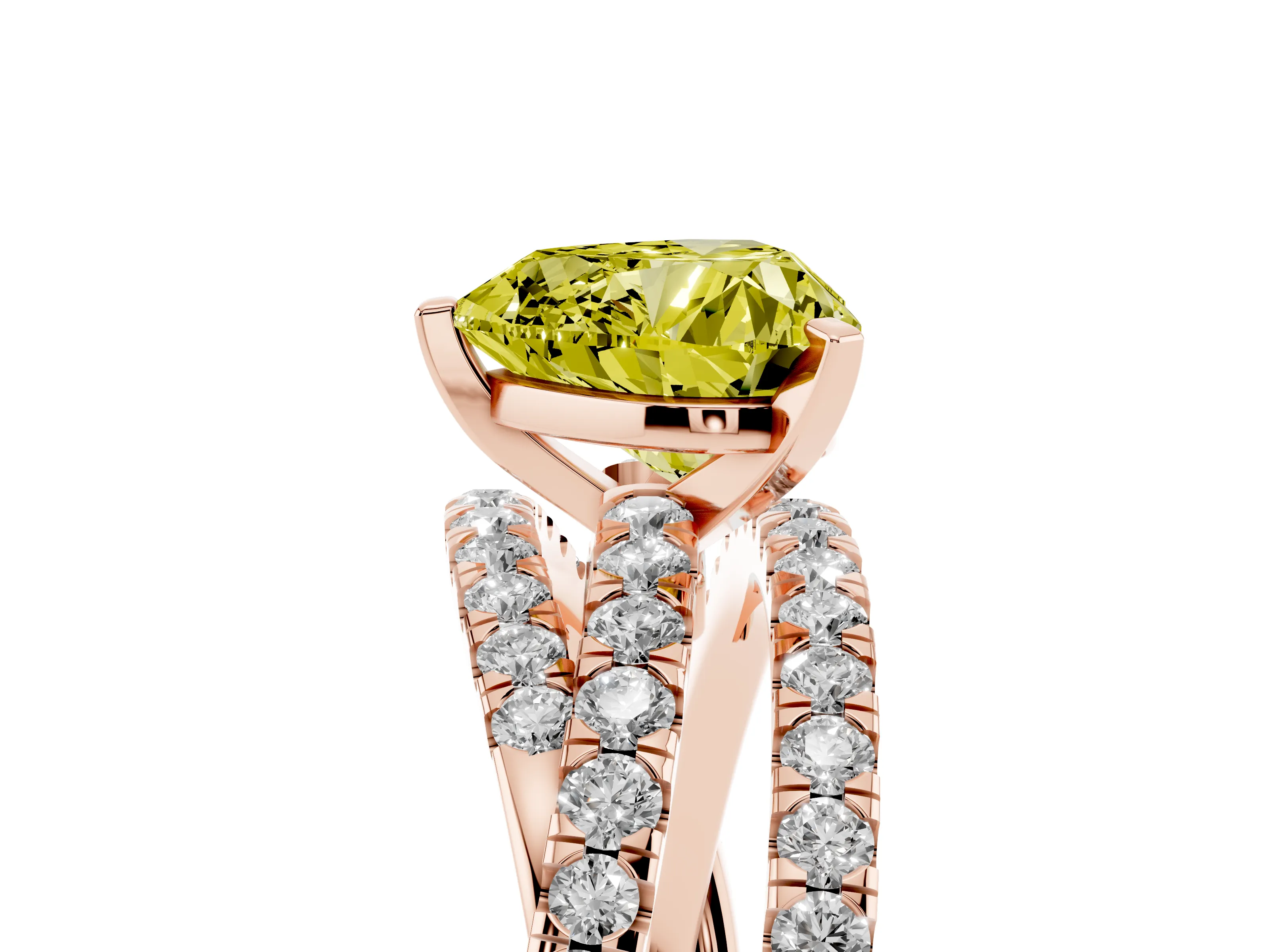 Fancy Yellow Heart Cut Diamond Solitaire Twist Band Ring Set in Rose gold with Pavé Setting and Prong Head