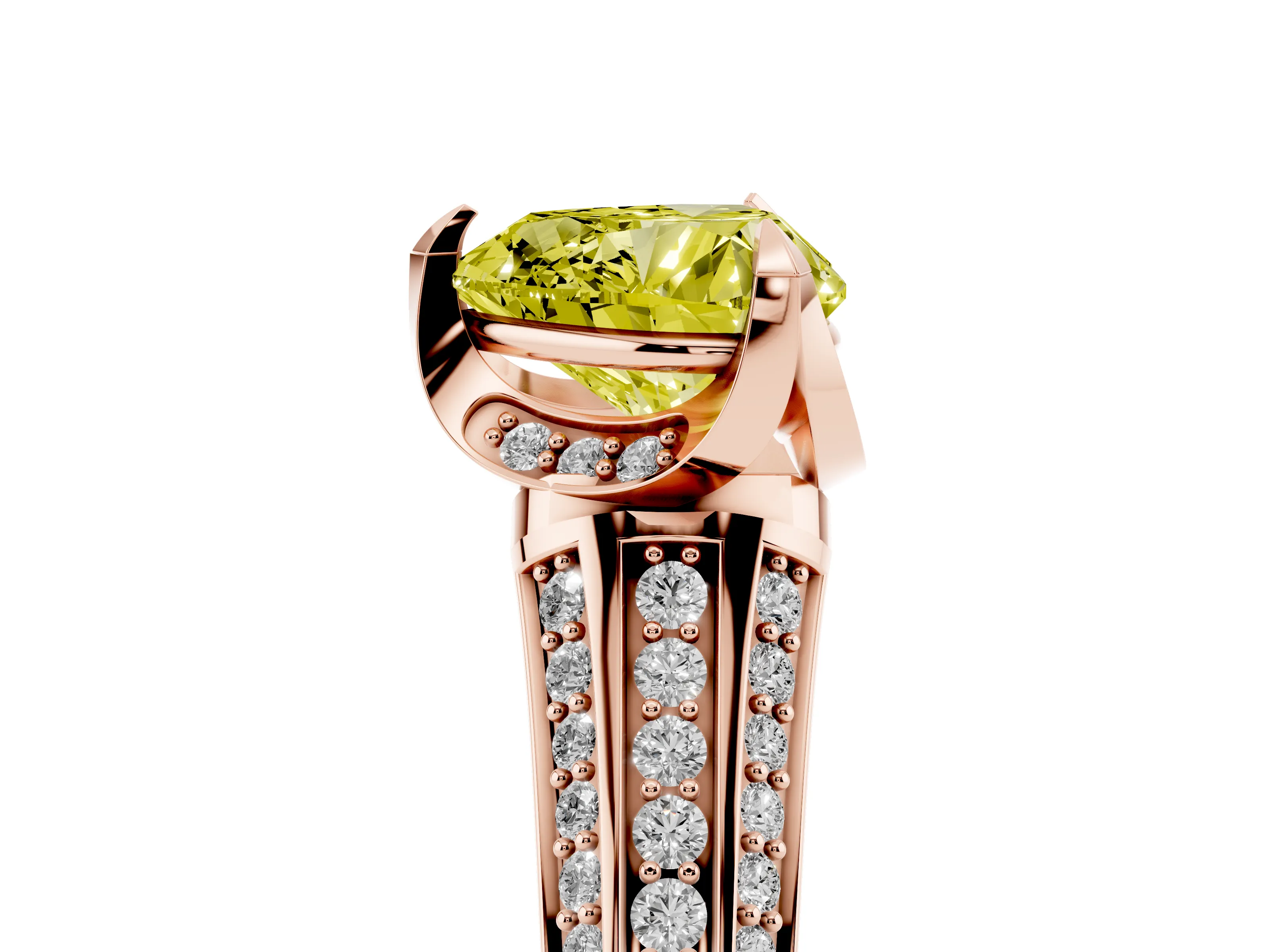 Fancy Yellow Heart Cut Diamond Pavé Split Shank Solitaire Ring Set in Rose gold with Prong Setting