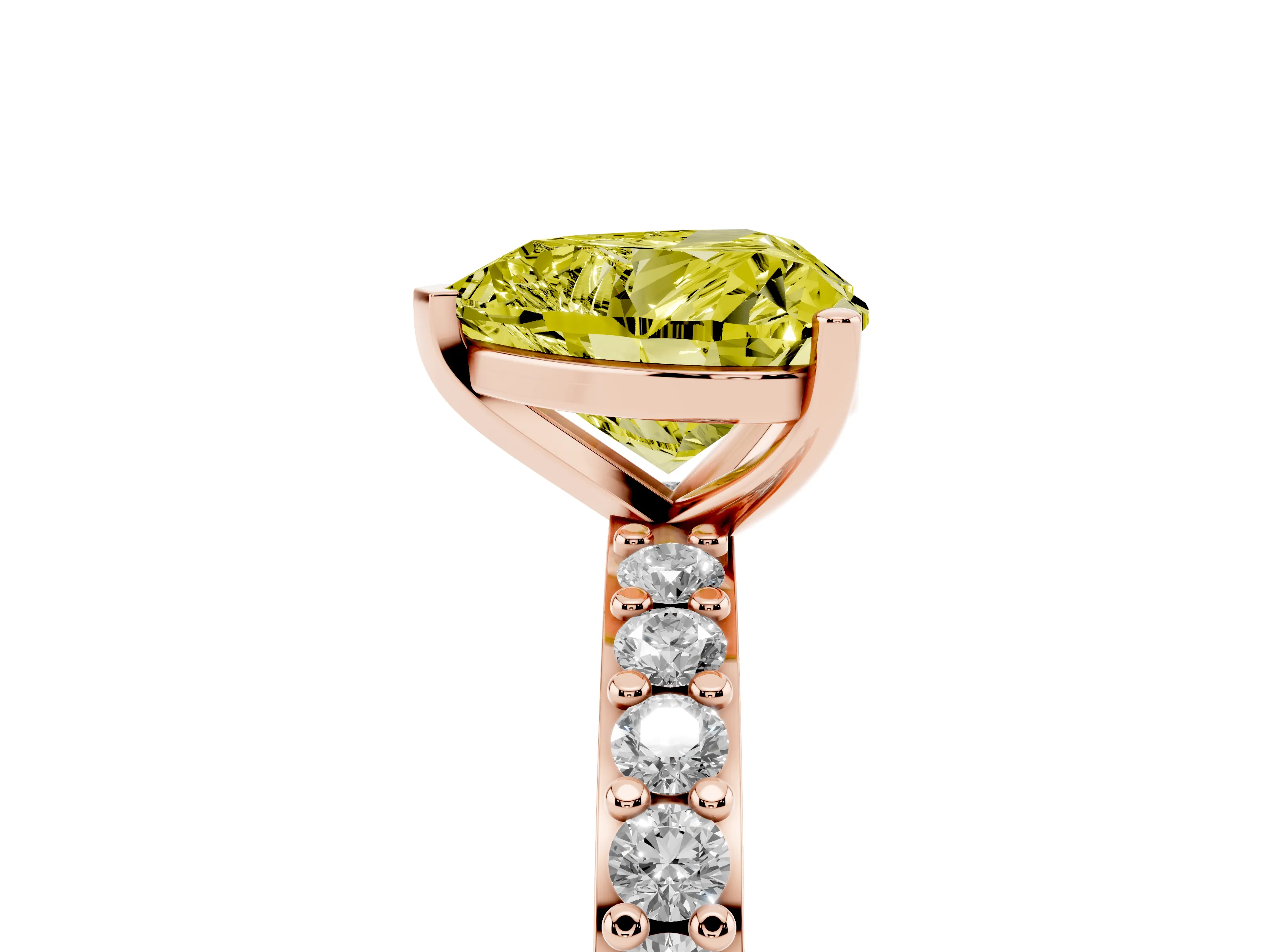 Fancy Yellow Heart Cut Diamond Solitaire Set in Rose gold with Round Pavé Band and Prong Setting