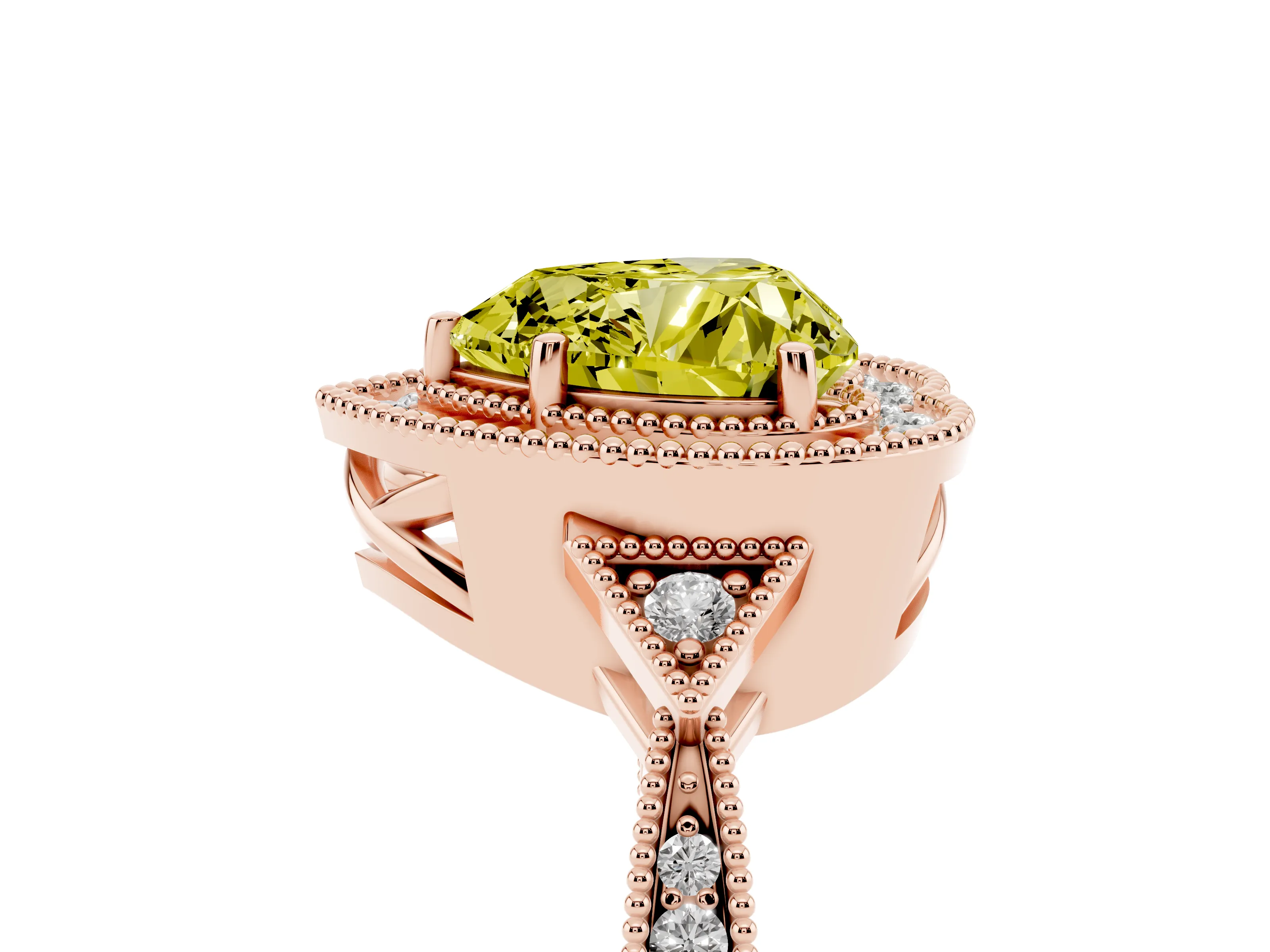 Fancy Yellow Heart Cut Diamond Halo Engagement Ring Set in Rose gold with Milgrain Pavé Band