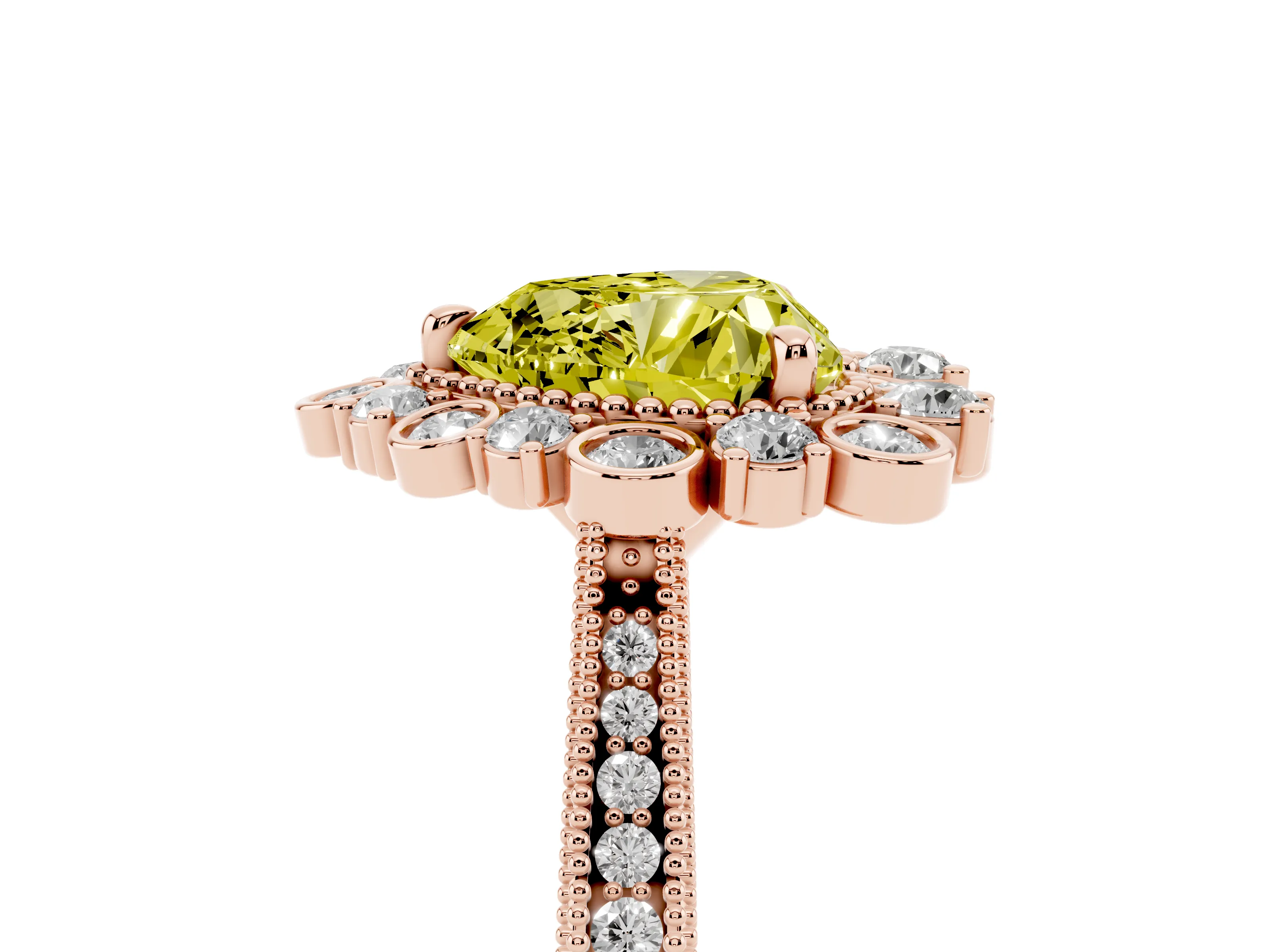 Fancy Yellow Heart Cut Diamond Halo Milgrain Pavé Ring Set in Rose gold with Prong Setting