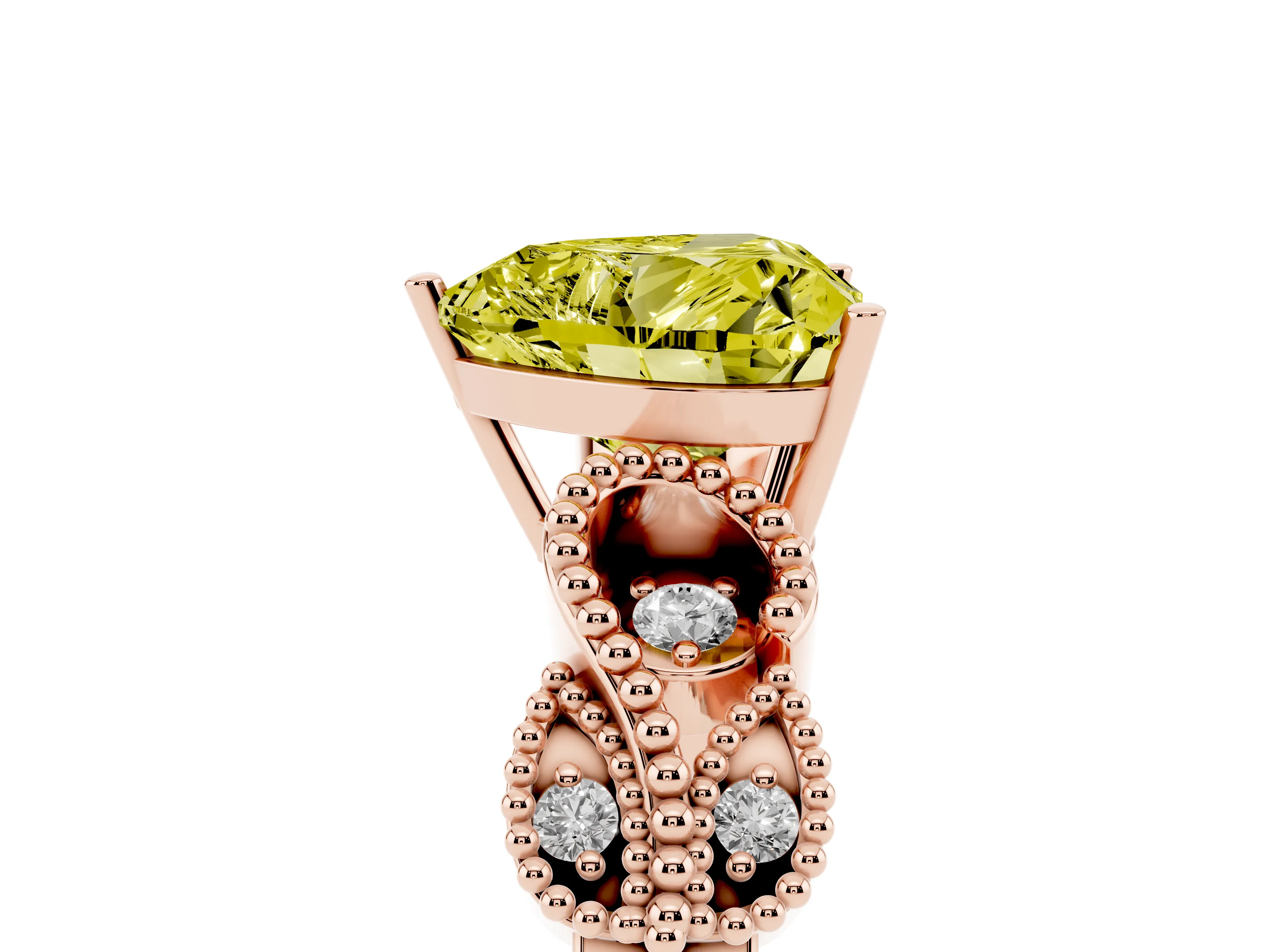 Fancy Yellow Heart Cut Diamond Milgrain Leaf Band Solitaire Ring Set in Rose gold with Accent Stones and Prong Setting