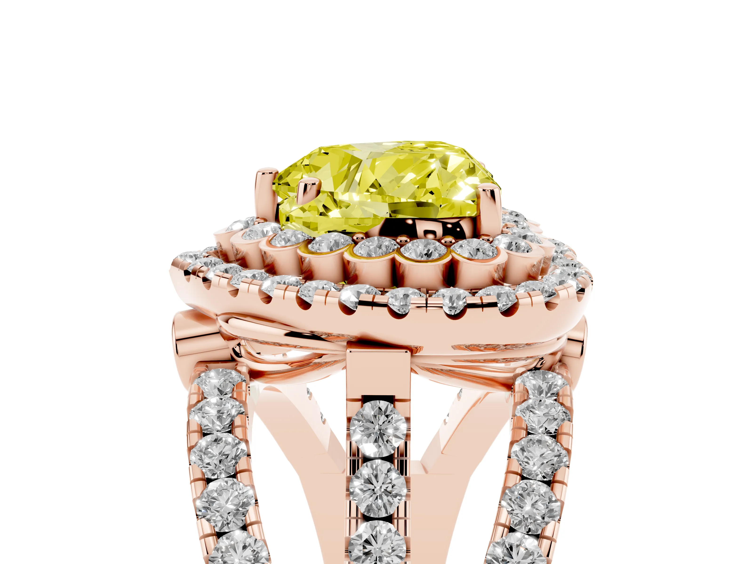 Fancy Yellow Heart Cut Diamond Double Halo Ring Set in Rose gold with Round Pavé Split Shank
