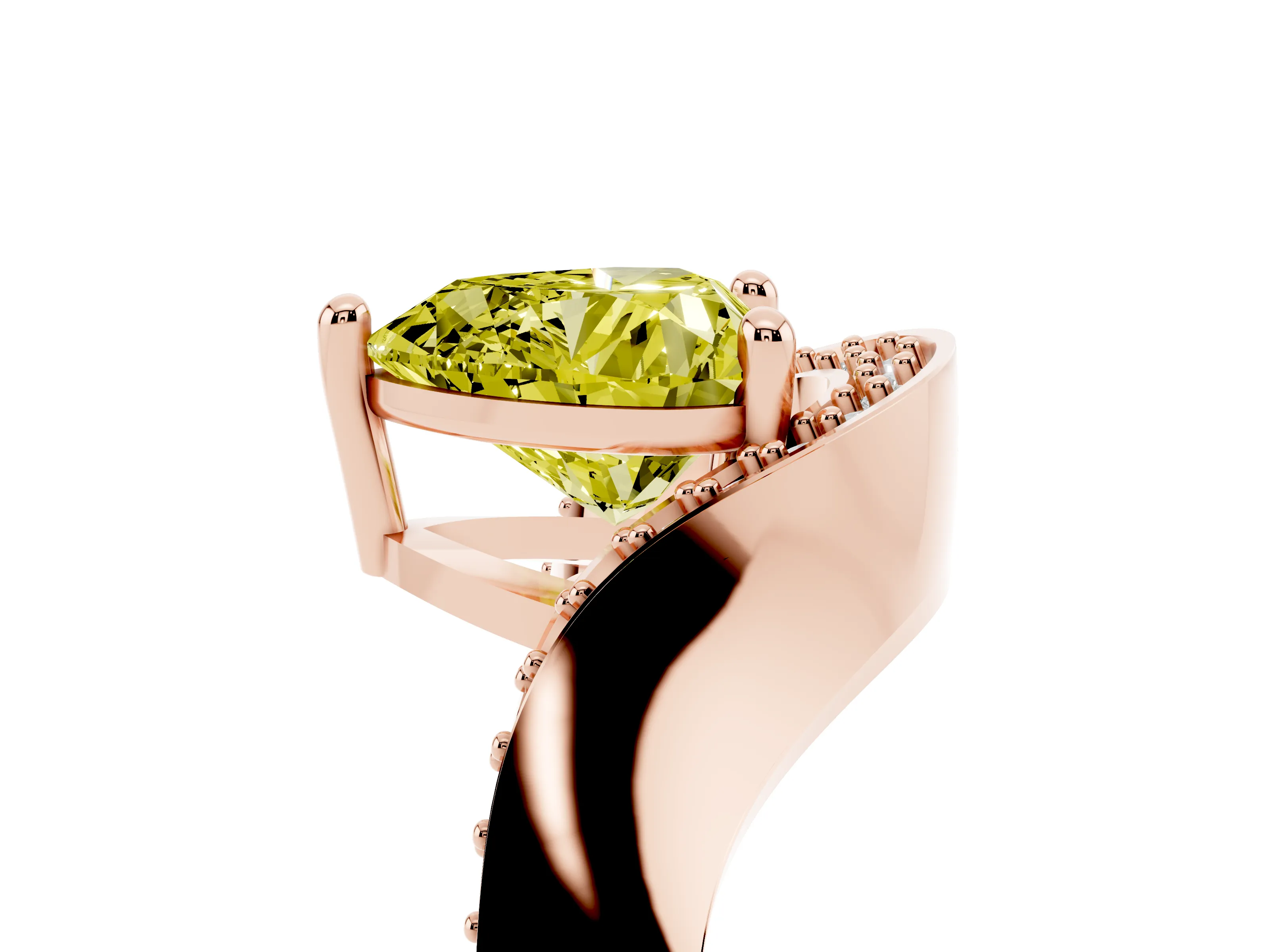 Fancy Yellow Heart Cut Diamond Solitaire Engagement Ring Set in Rose gold with Pavé Shoulders