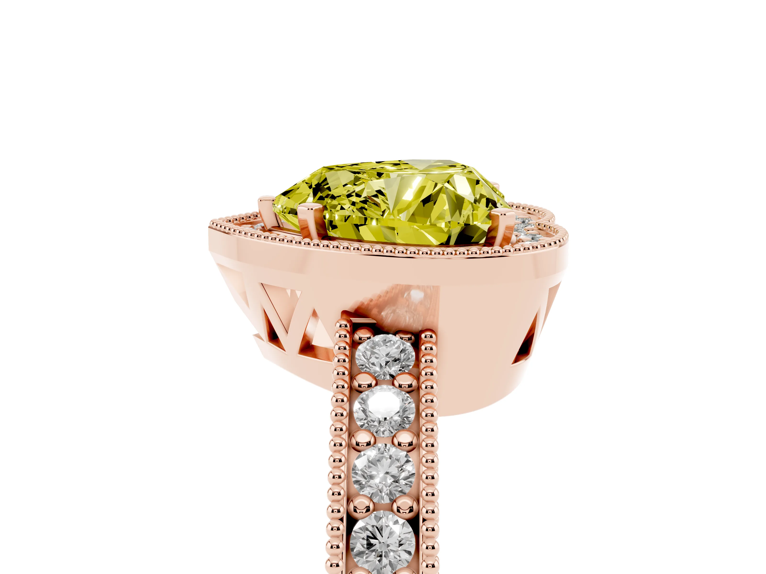 Fancy Yellow Heart Cut Diamond Halo Pavé Band Ring Set in Rose gold with Prong-Set Center