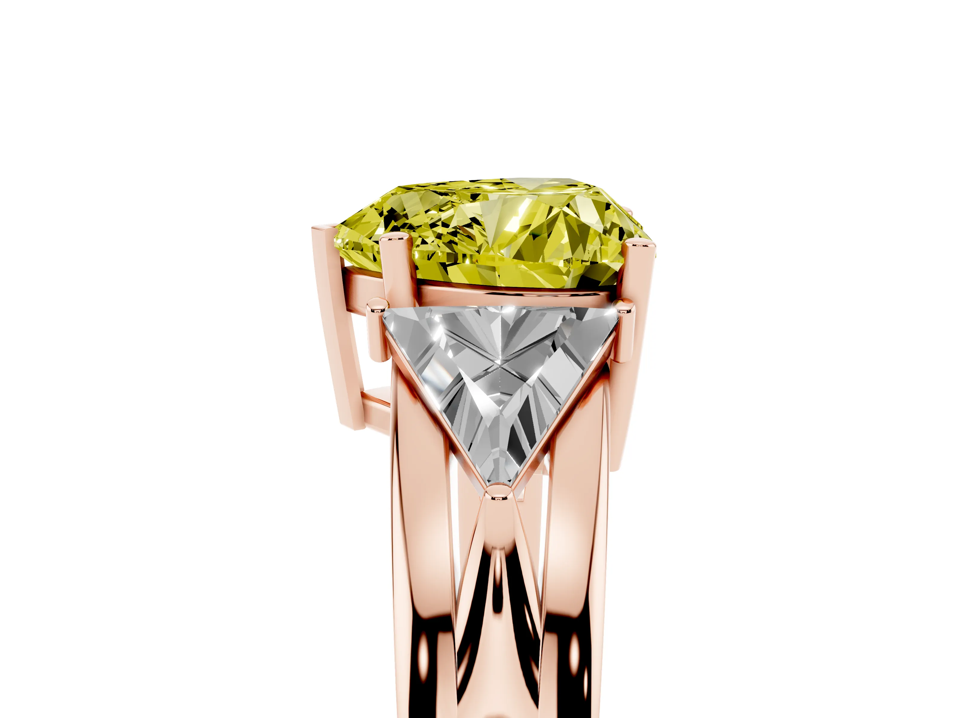 Fancy Yellow Heart Cut Diamond Three-Stone Ring Set in Rose gold with Trillion Side Stones and Split Shank