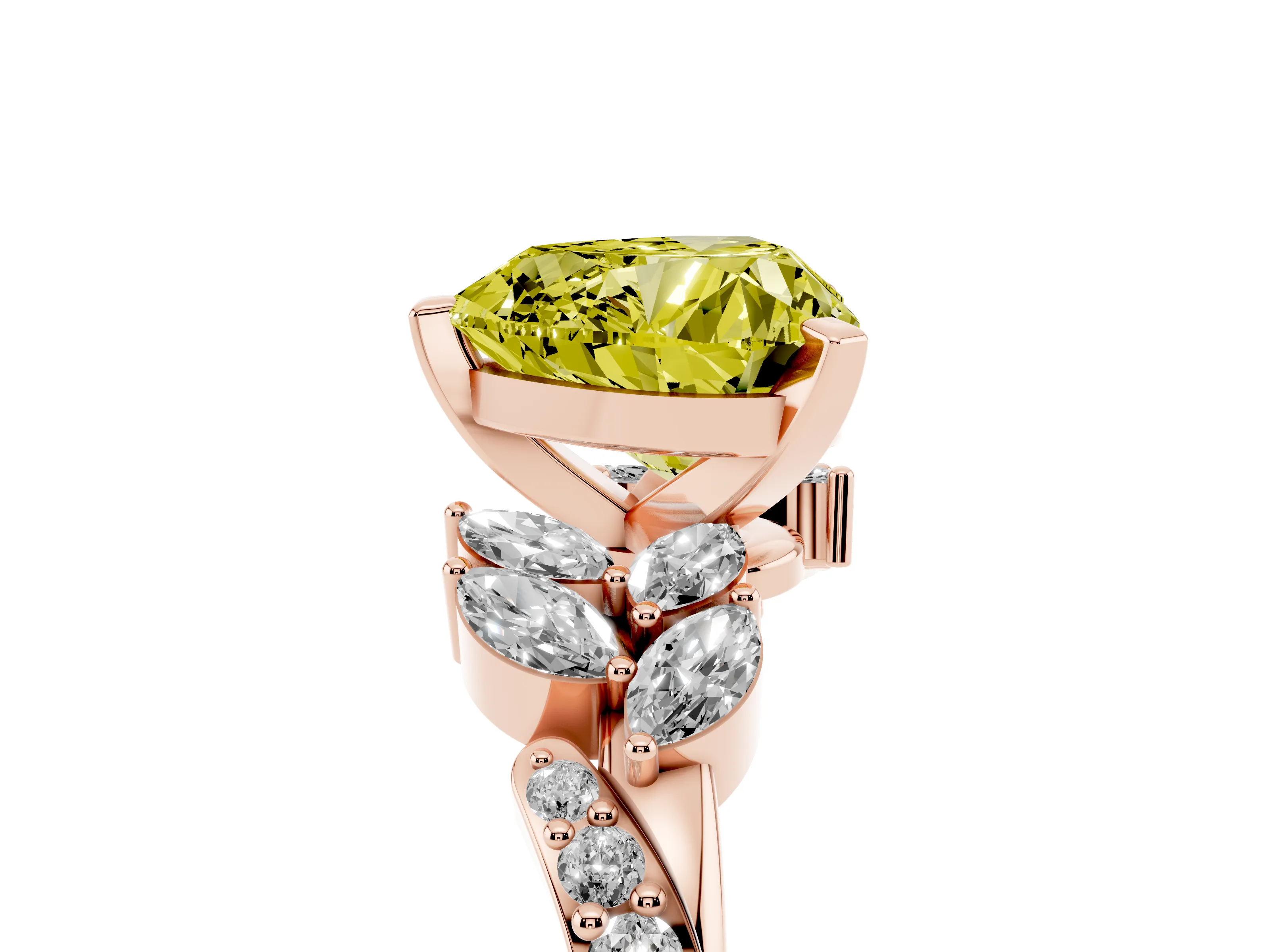 Fancy Yellow Heart Cut Diamond Solitaire Ring Set in Rose gold with Marquise Twist Band and Prong Setting