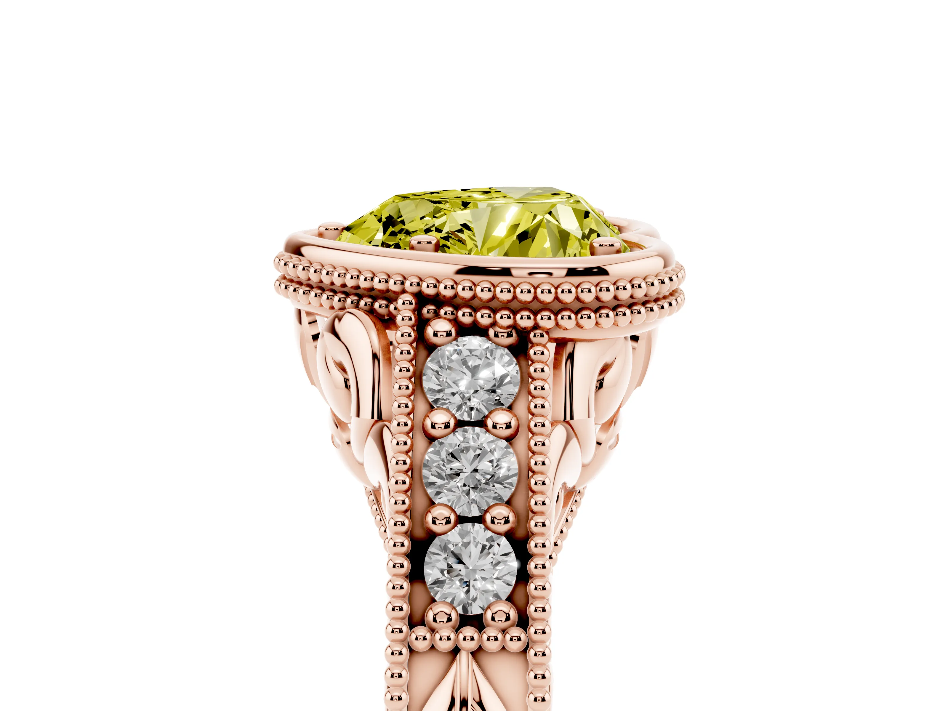 Fancy Yellow Bezel Set Heart Cut Diamond Milgrain Pavé Engagement Ring Set in Rose gold