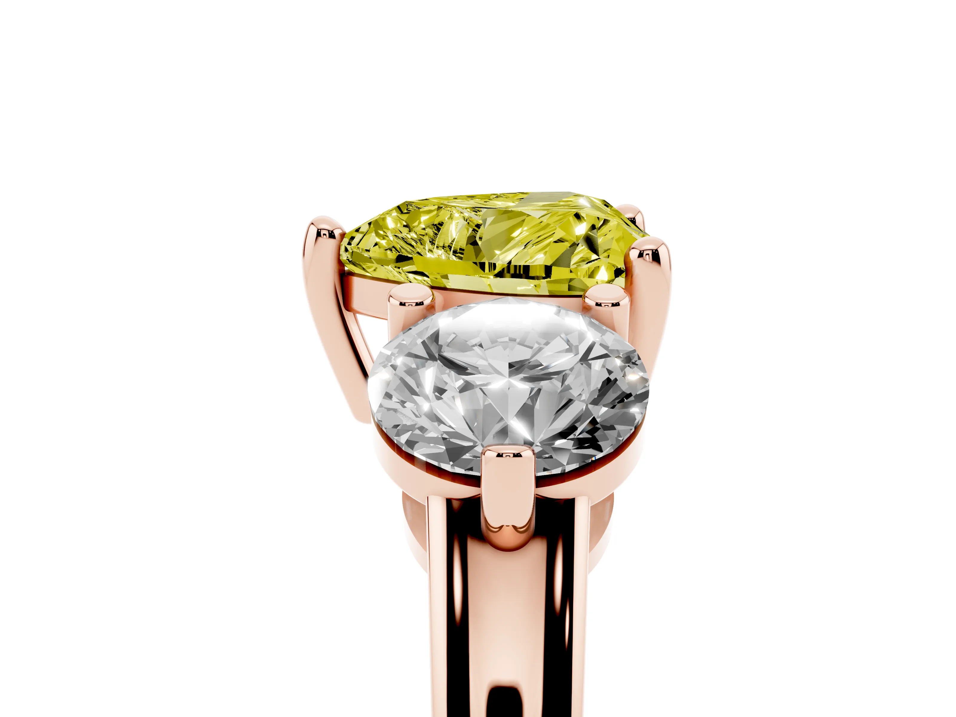 Fancy Yellow Heart Cut Diamond Three-Stone Ring Set in Rose gold with Prong Setting and Classic Band