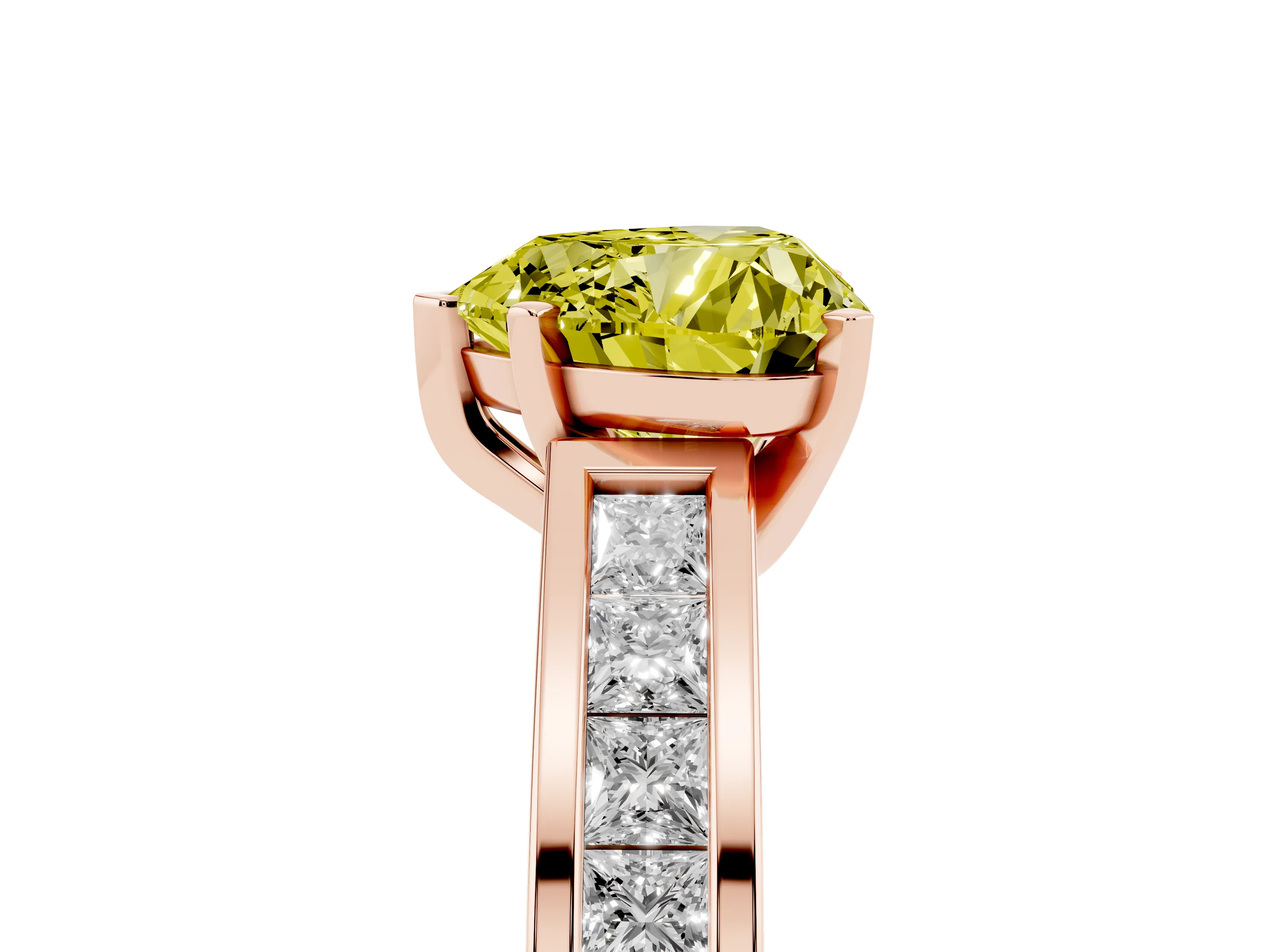 Fancy Yellow Heart Cut Diamond Solitaire Ring Set in Rose gold with Channel-Set Band and Prong Setting