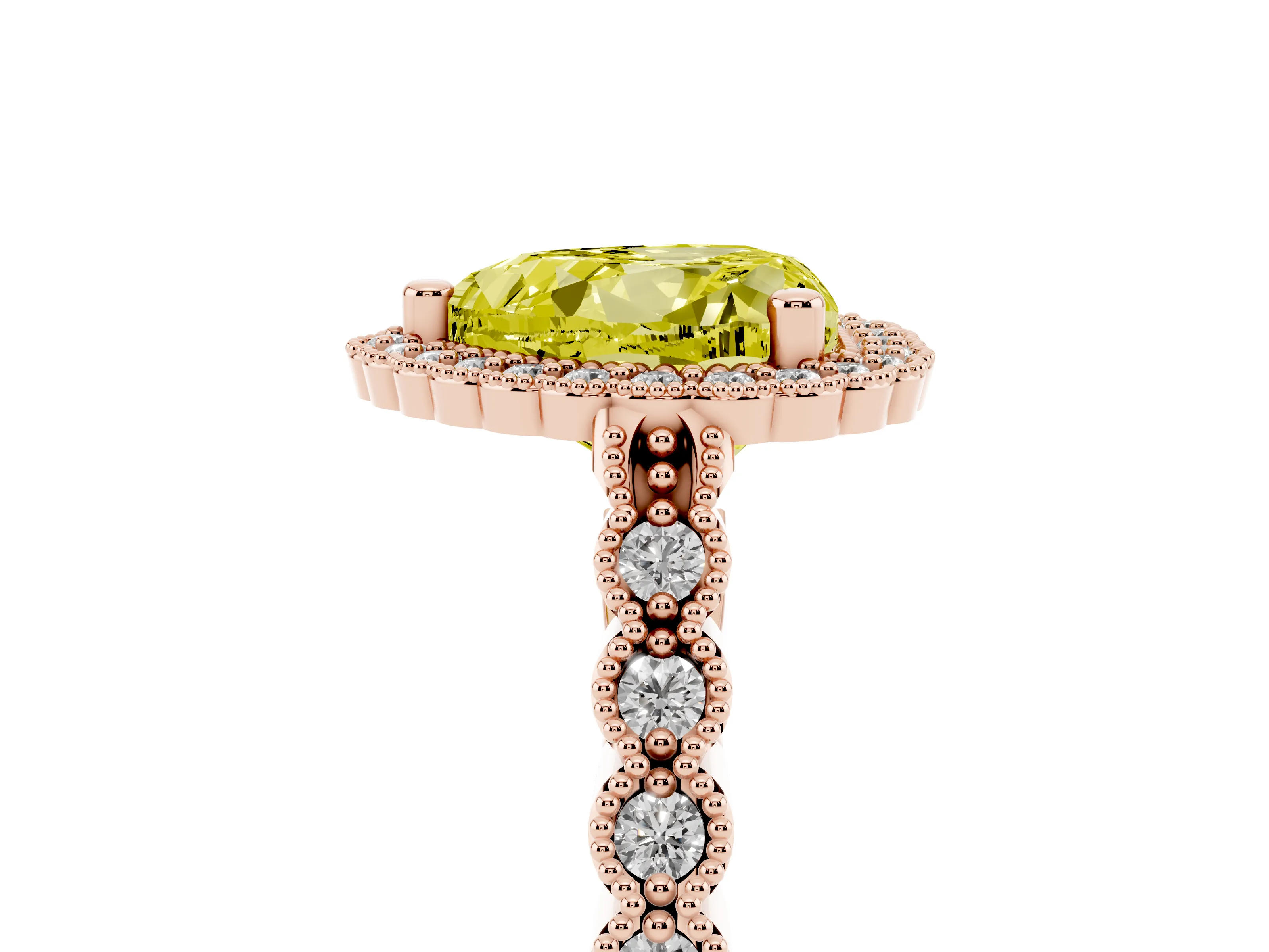 Fancy Yellow Heart Cut Diamond Halo Ring Set in Rose gold with Pavé Milgrain Band
