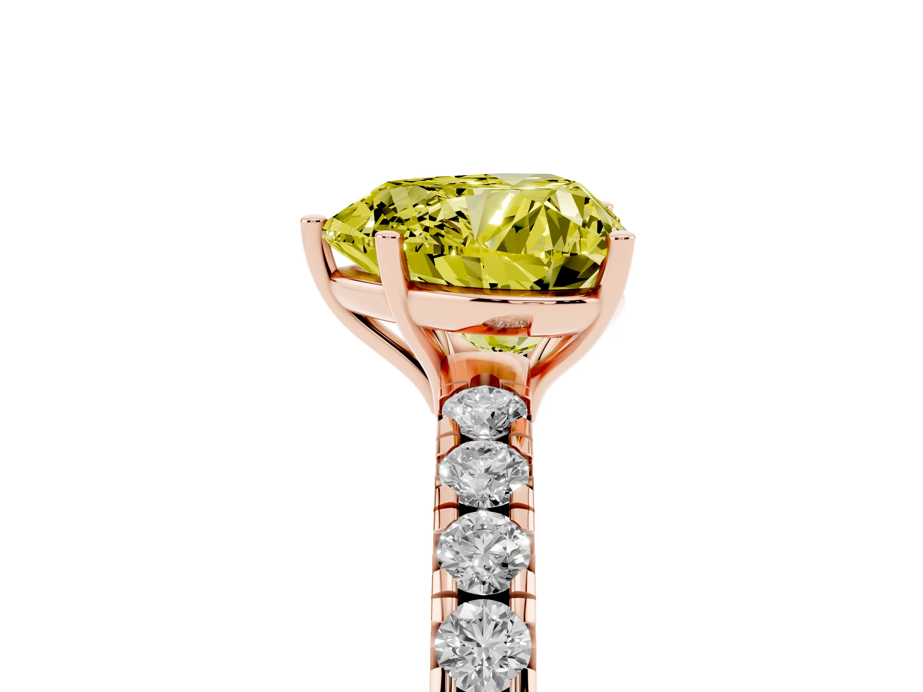Fancy Yellow Heart Cut Diamond Pavé Solitaire Engagement Ring Set in Rose gold with Prong Setting