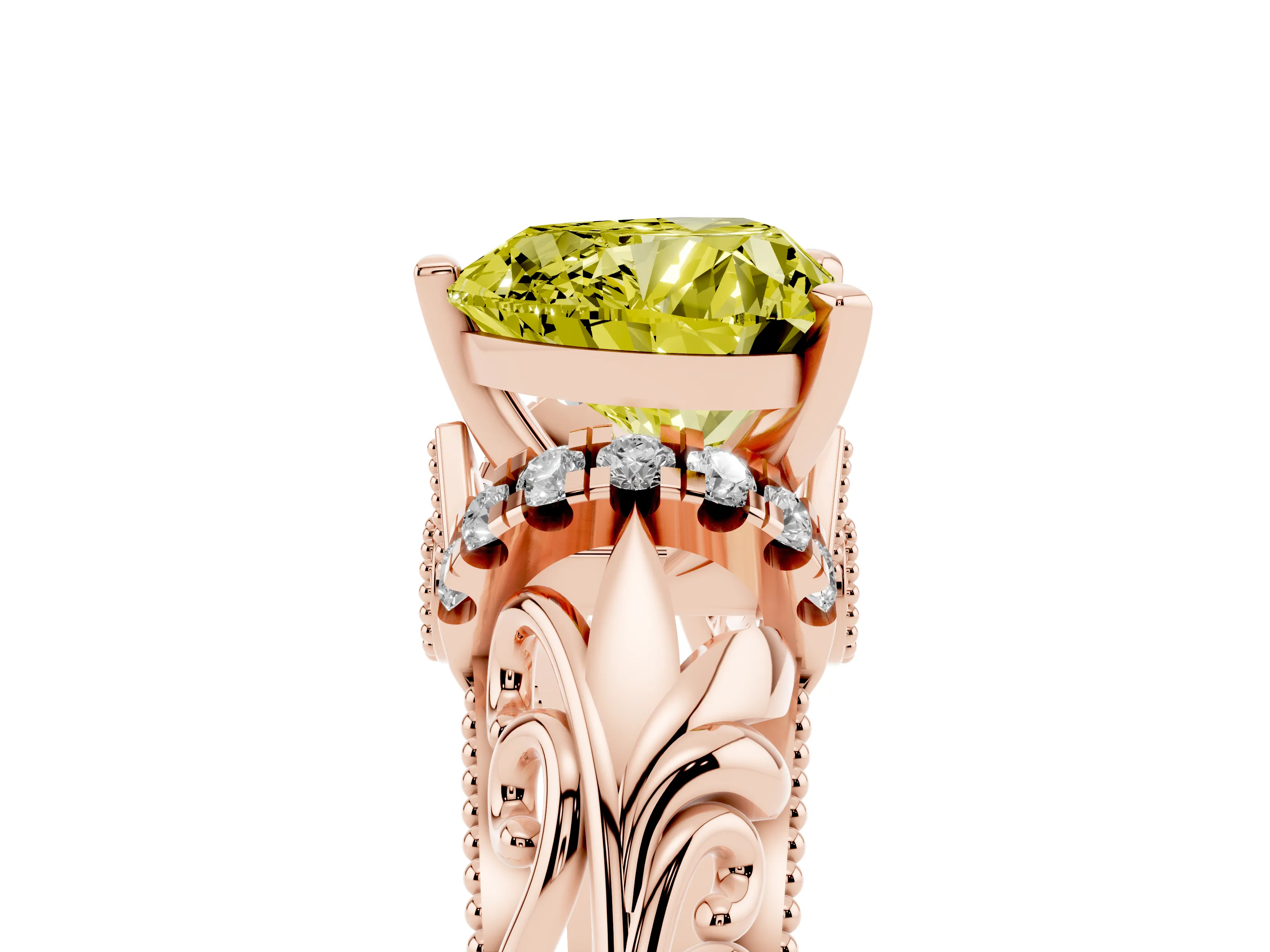 Fancy Yellow Heart Cut Diamond Filigree Halo Engagement Ring Set in Rose gold with Prong Setting