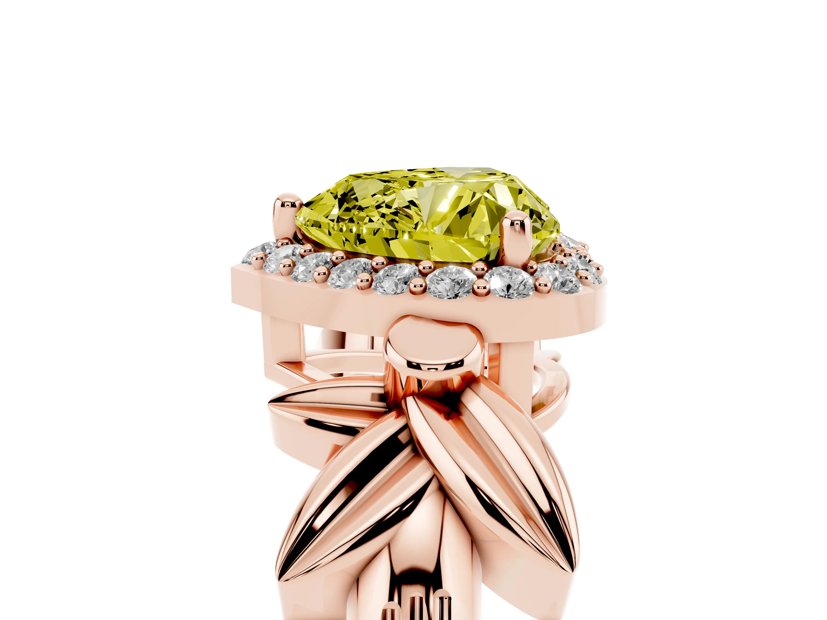 Fancy Yellow Heart Cut Diamond Halo Floral Band Ring Set in Rose gold with Prong Setting