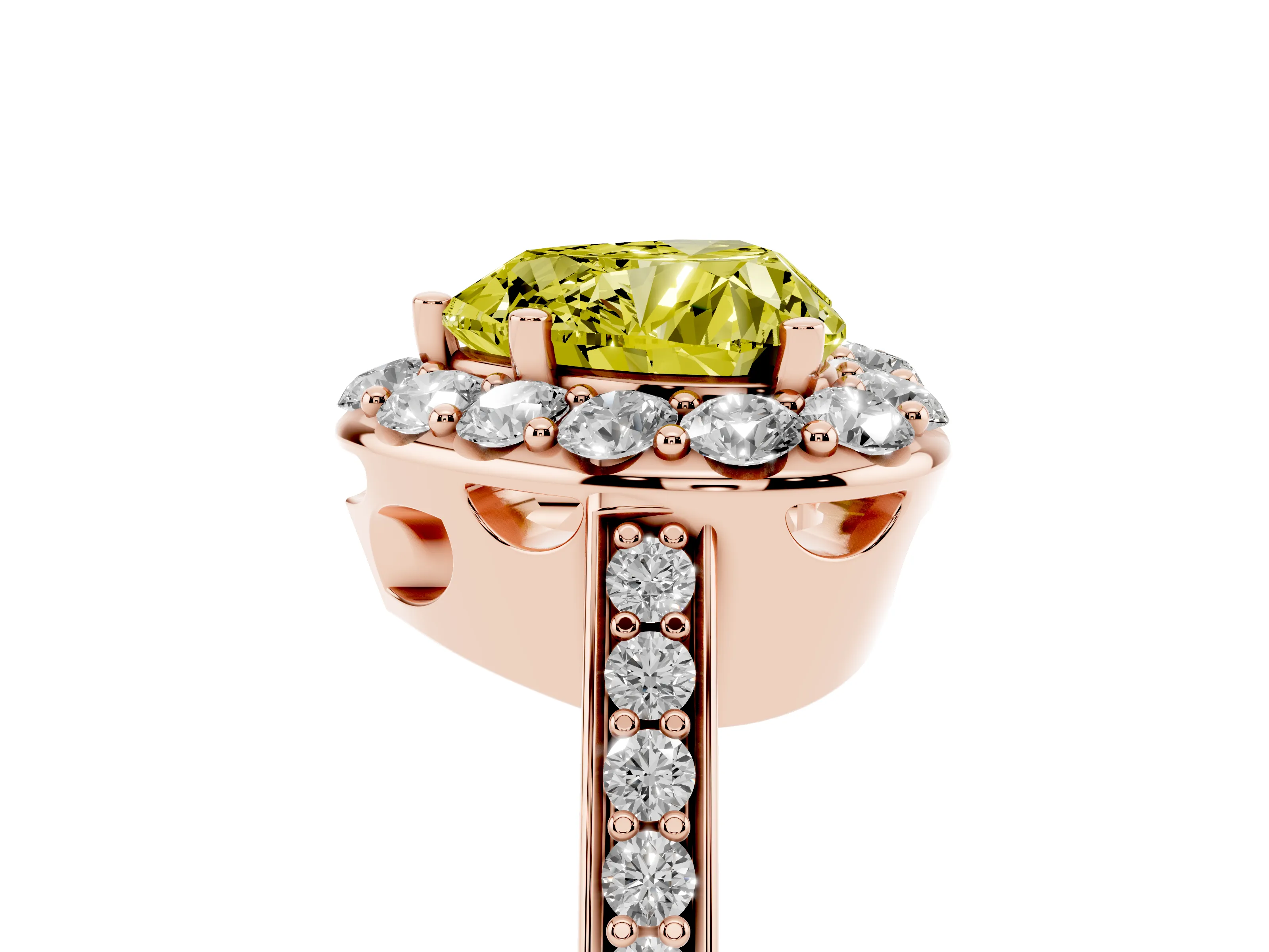 Fancy Yellow Heart Cut Diamond Floral Halo Ring Set in Rose gold with Pavé Band and Prong Setting