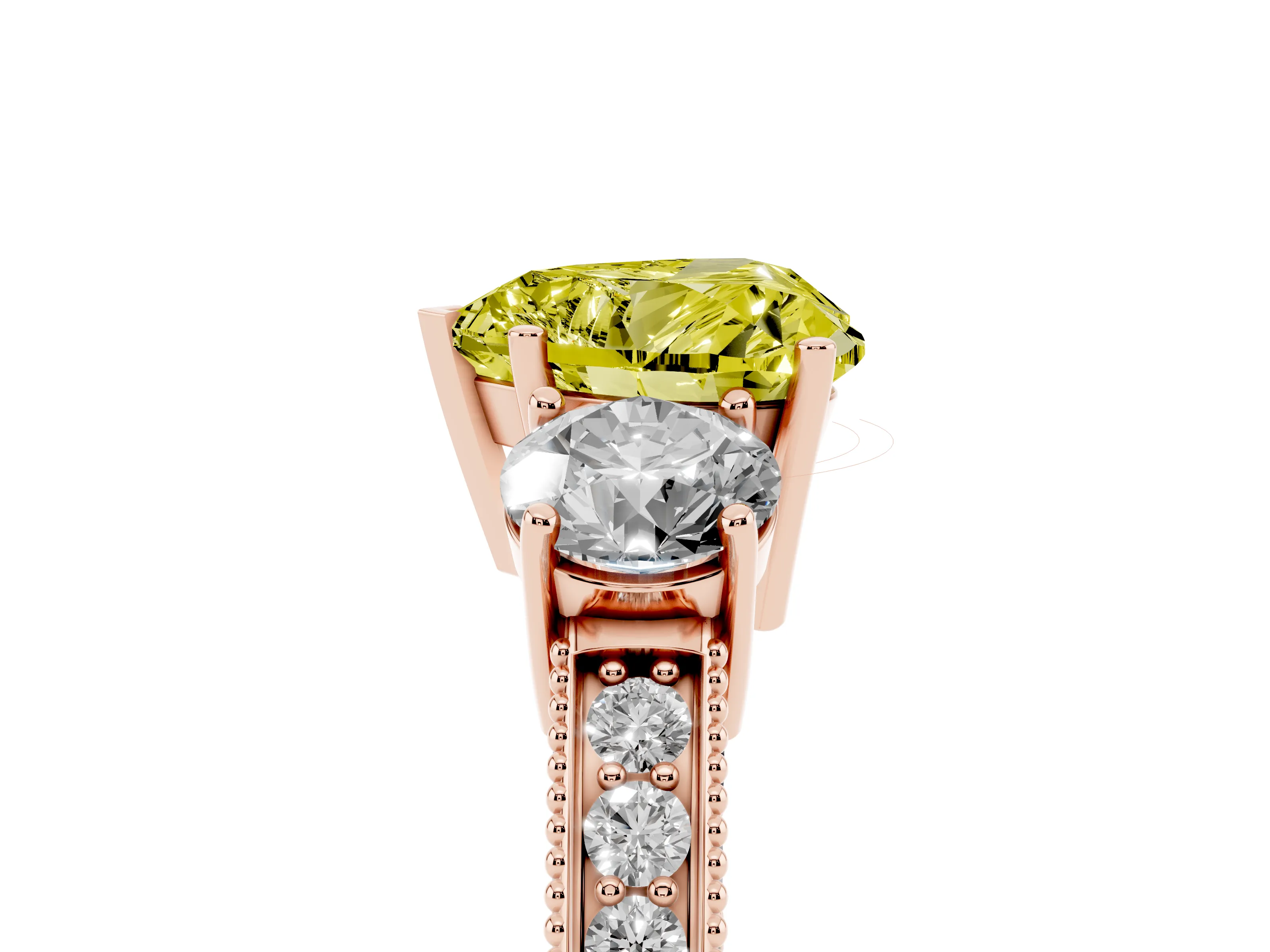 Fancy Yellow Heart Cut Diamond Three-Stone Ring Set in Rose gold with Round Side Stones and Pavé Band