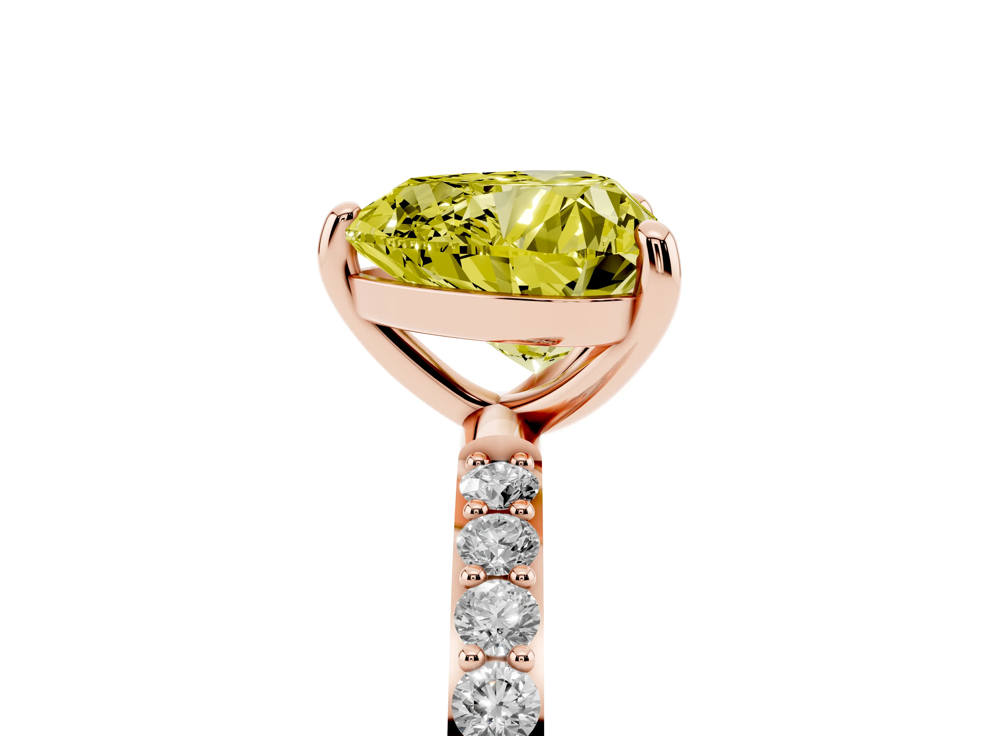 Fancy Yellow Heart Cut Diamond Solitaire Ring Set in Rose gold with Round Pavé Band and Prong Setting
