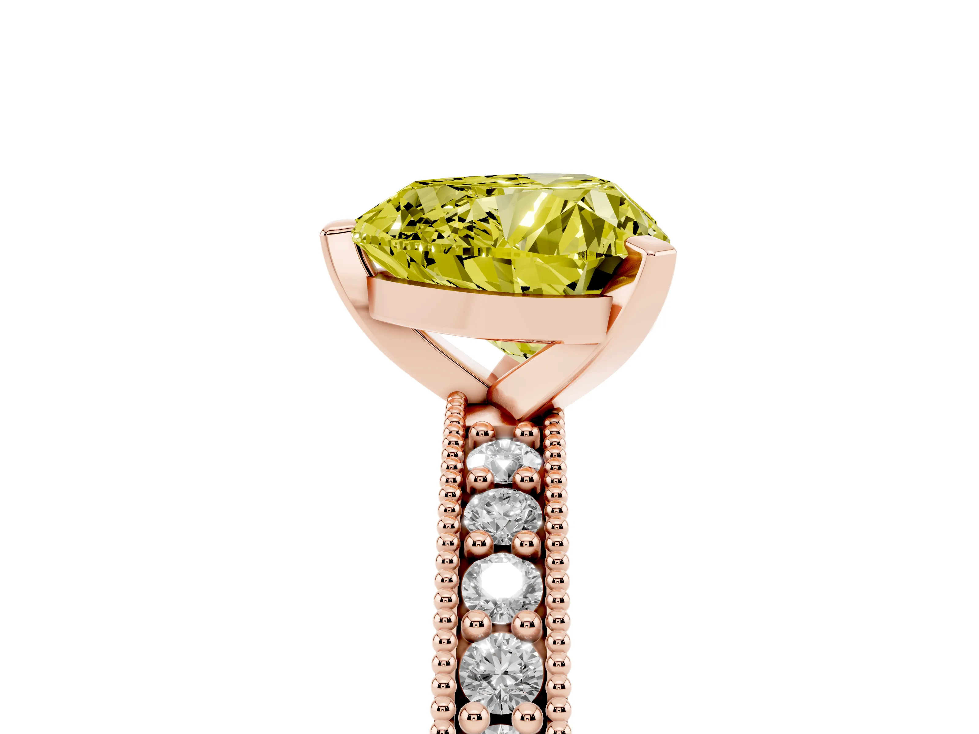 Fancy Yellow Heart Cut Diamond Milgrain Pavé Engagement Ring Set in Rose gold with Prong Setting