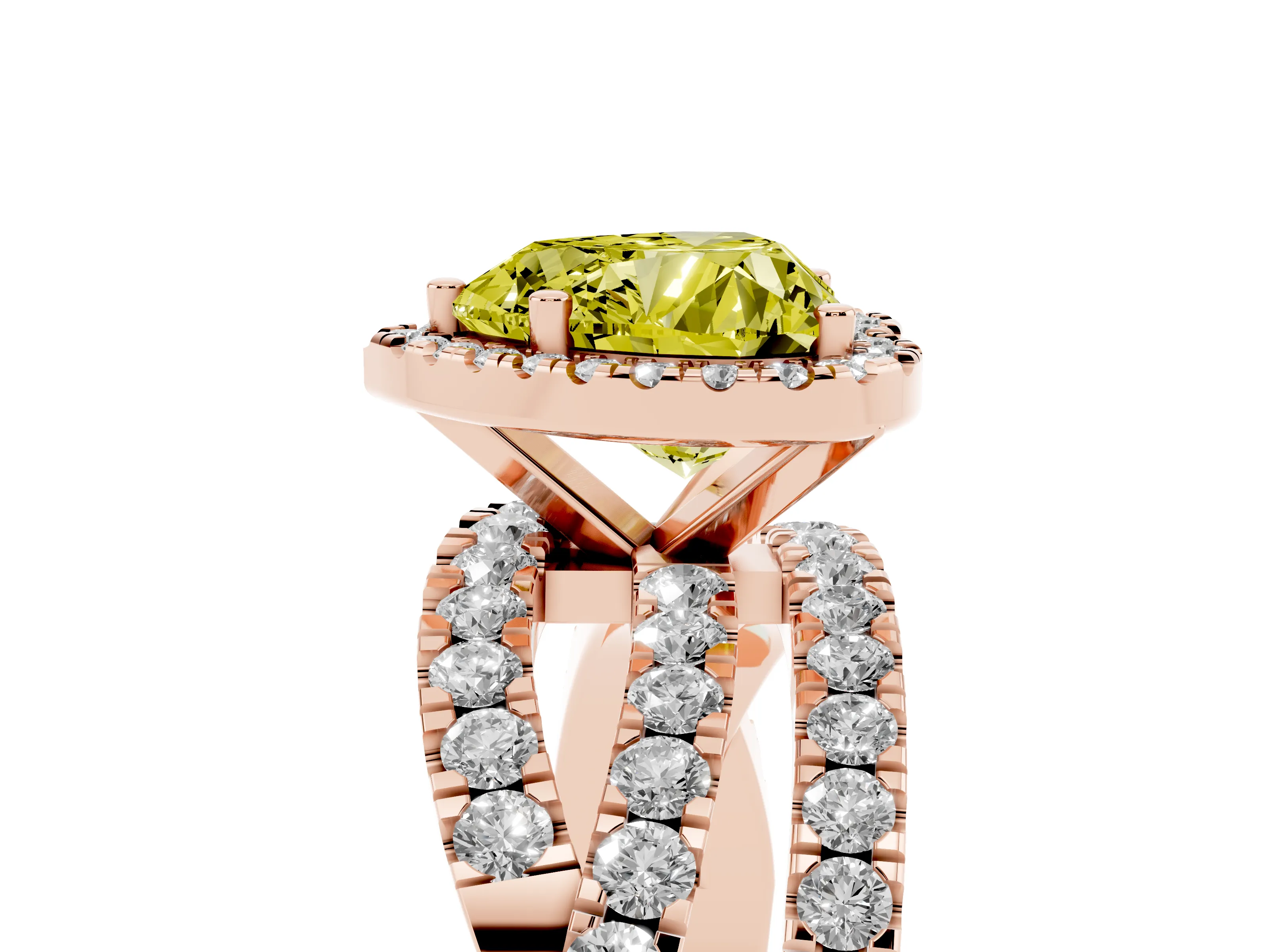 Fancy Yellow Heart Cut Diamond Halo Ring Set in Rose gold with Round Crossover Split Shank and Prong Setting