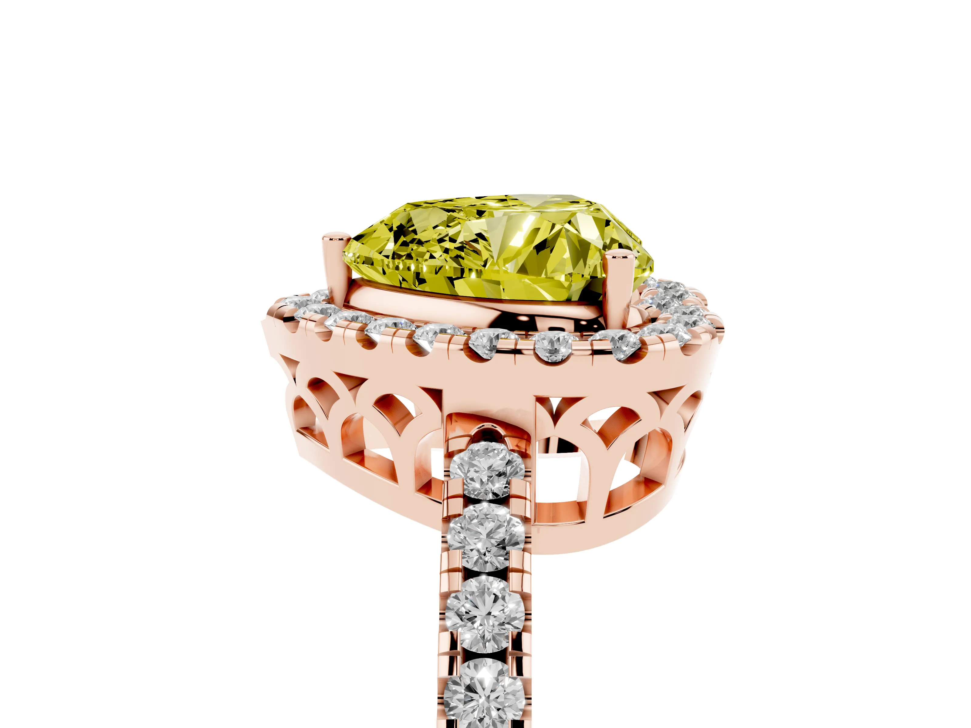 Fancy Yellow Heart Cut Diamond Pavé Band Halo Engagement Ring Set in Rose gold with Prong Setting