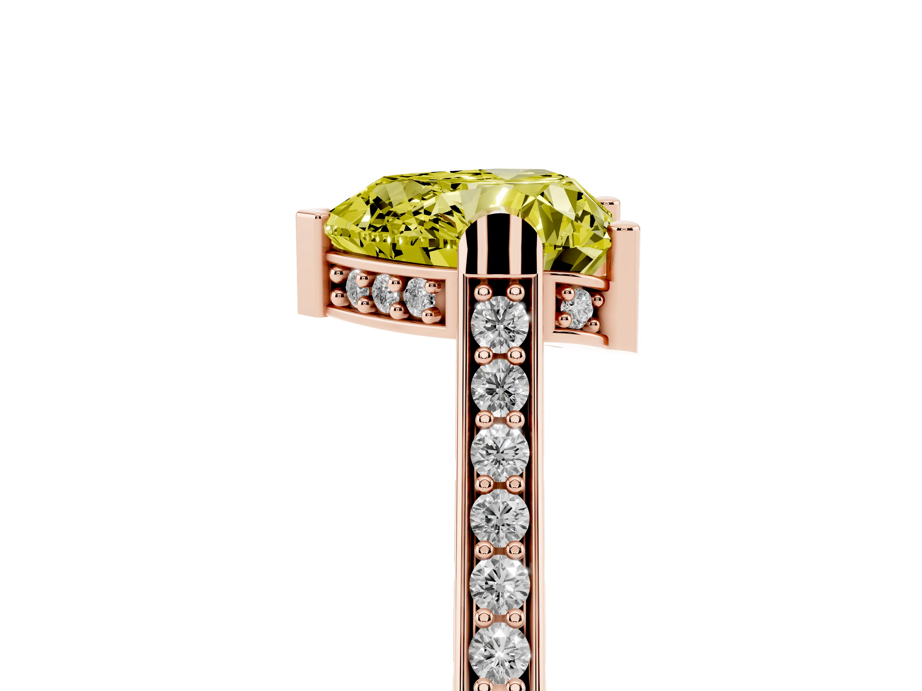 Fancy Yellow Heart Cut Diamond Solitaire Ring Set in Rose gold with Channel Set Band and Bezel Prong Setting