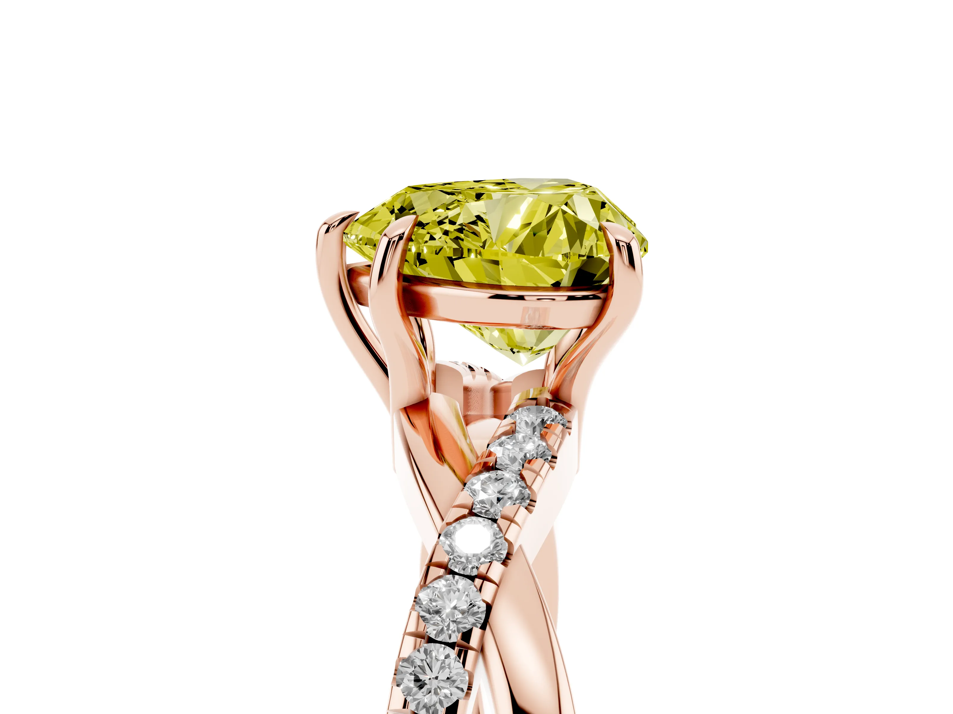 Fancy Yellow Heart Cut Diamond Twisted Pavé Band Ring Set in Rose gold with Prong Setting