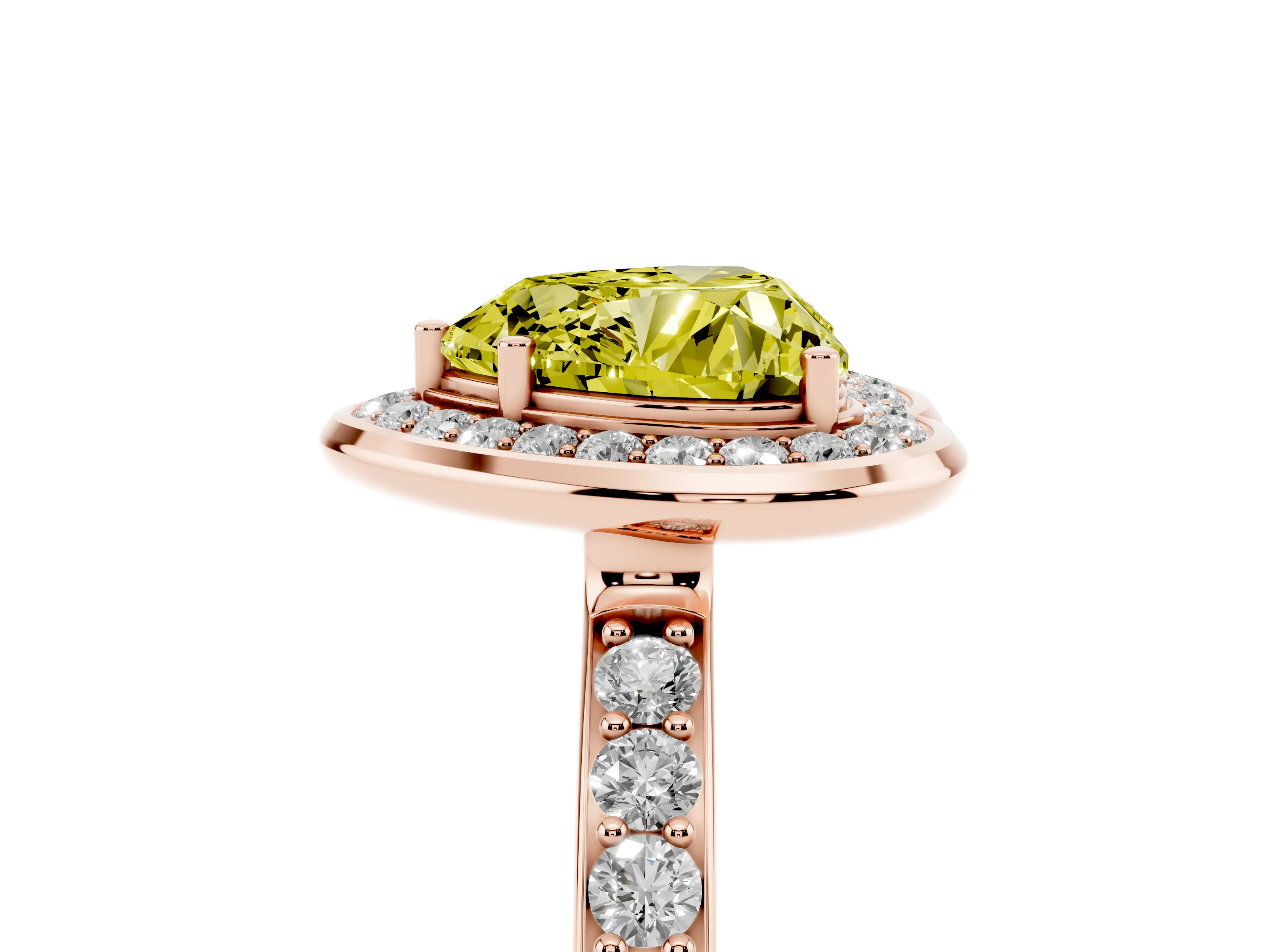 Fancy Yellow Heart Cut Diamond Halo Ring Set in Rose gold with Bezel Frame and Pavé Band
