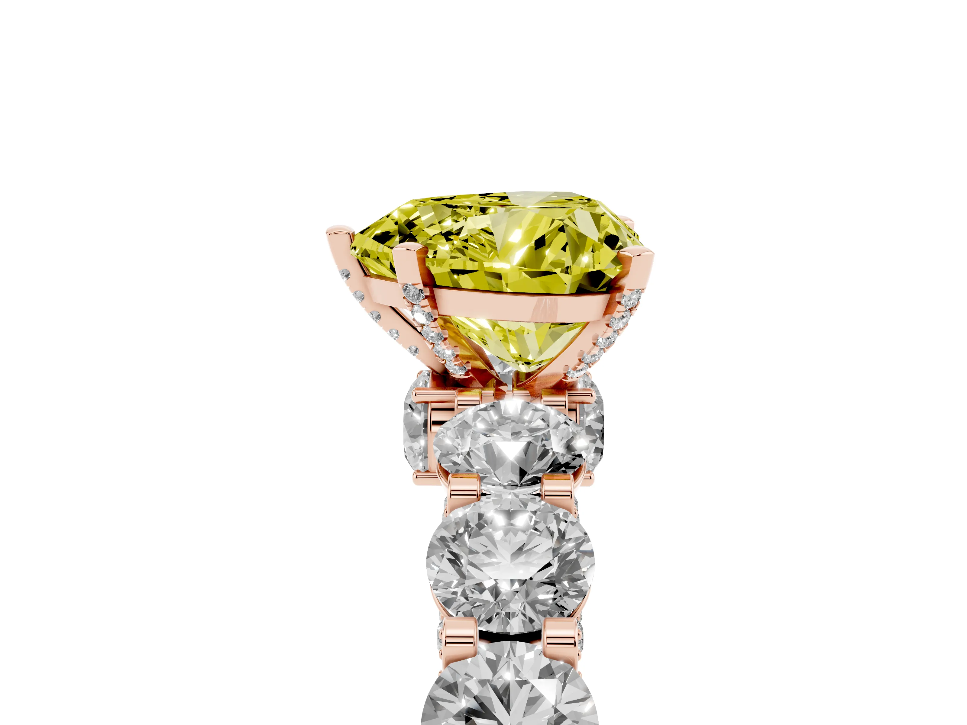 Fancy Yellow Heart Cut Diamond Side Stone Ring Set in Rose gold with Alternating Round and Oval Side Stones