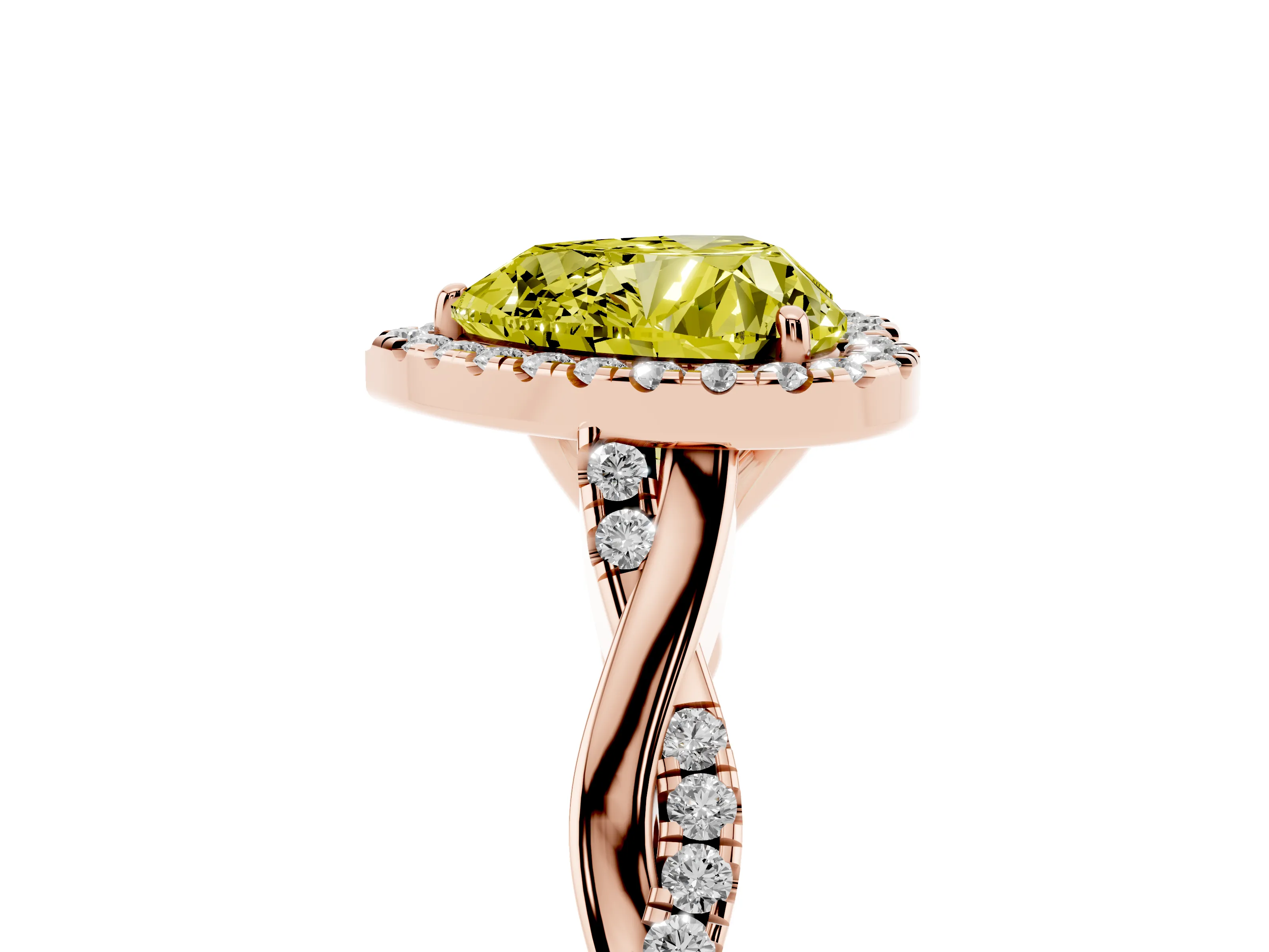 Fancy Yellow Heart Cut Diamond Halo Twist Band Solitaire Ring Set in Rose gold with Prong Setting