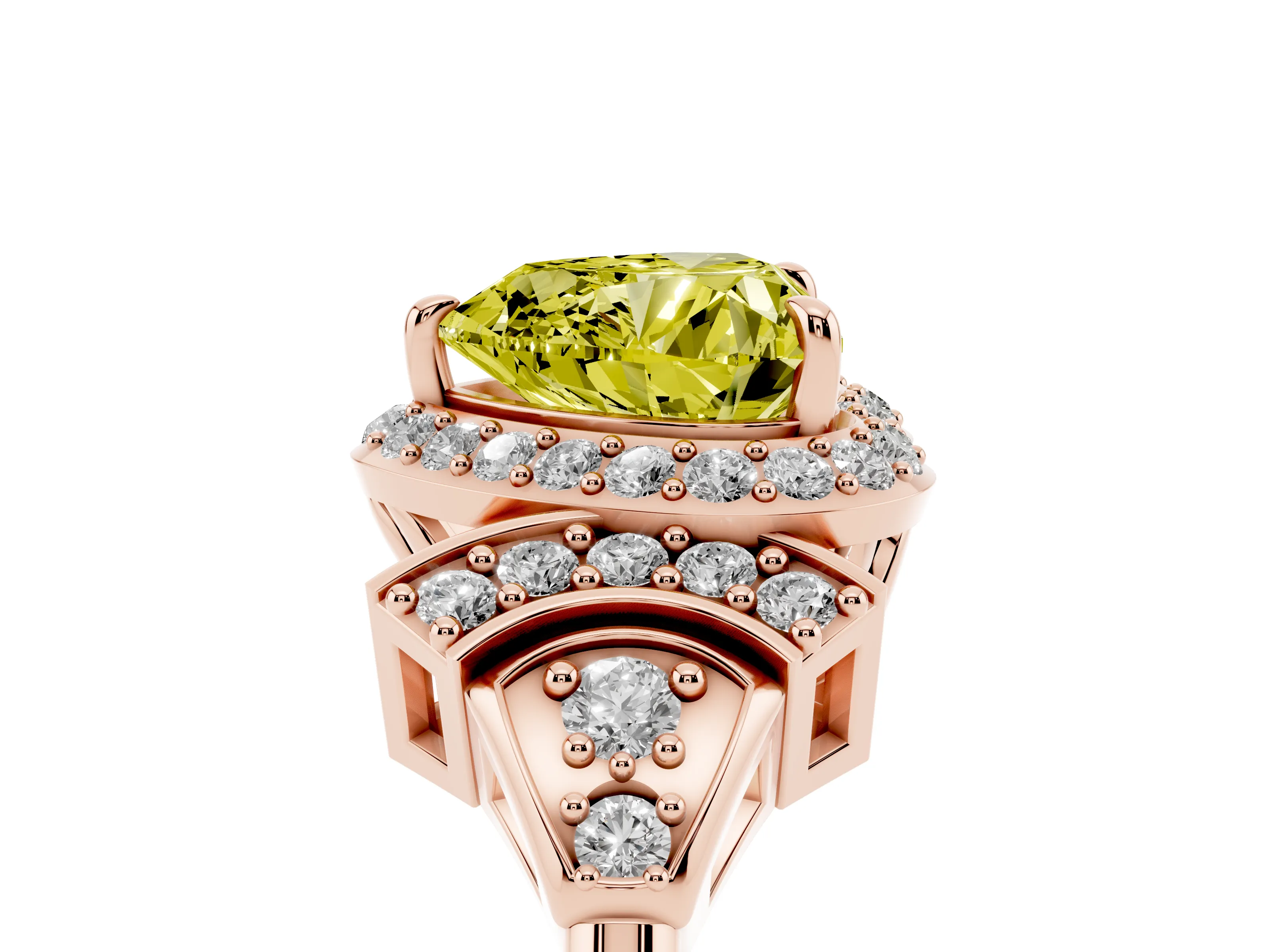 Fancy Yellow Heart Cut Diamond Halo Engagement Ring Set in Rose gold with Accent Stone Split Shank