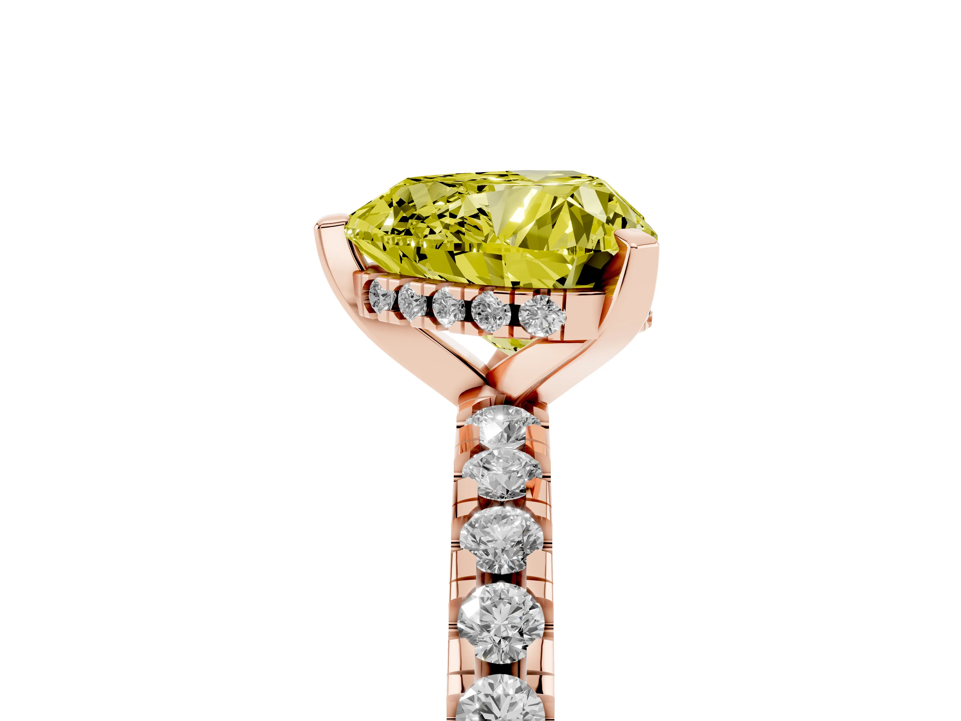 Fancy Yellow Heart Cut Diamond Pavé Solitaire Ring Set in Rose gold with Round Band Accents and Prong Setting